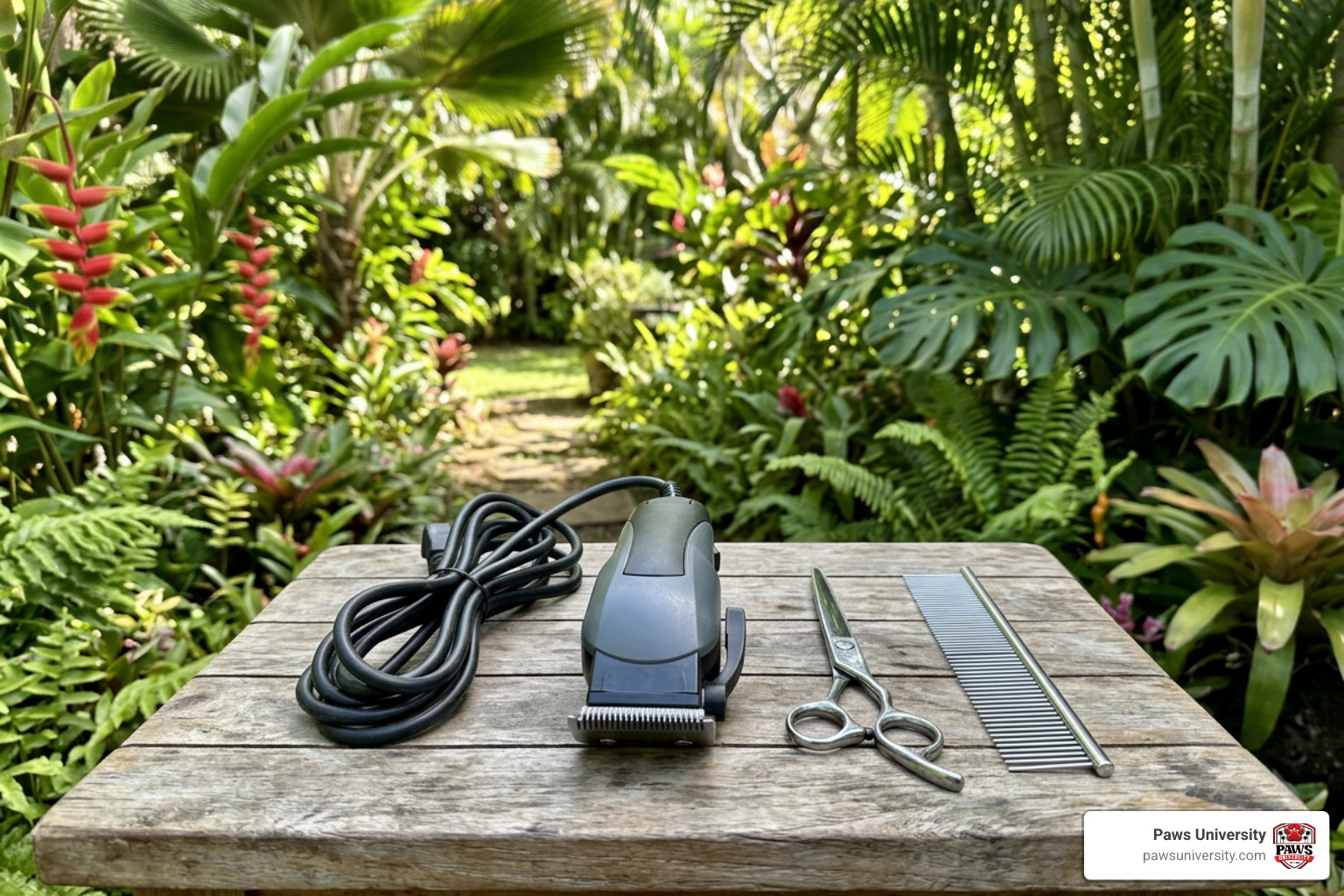 Professional grooming tools on a tropical outdoor table in Hawaii County Professional grooming tools on a tropical outdoor table in Hawaii County