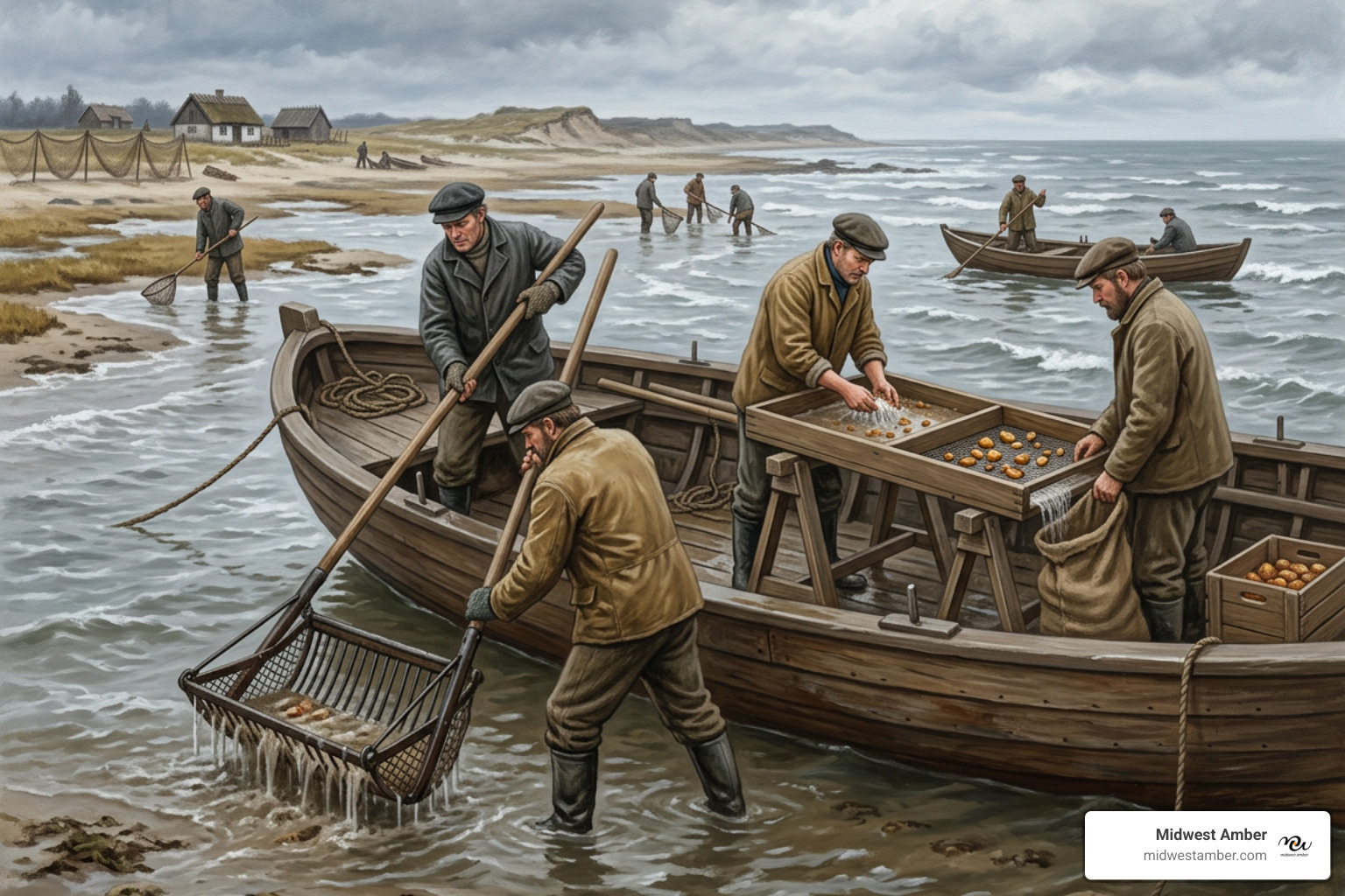 Historical illustration showing 19th-century workers dredging for amber in coastal Baltic waters