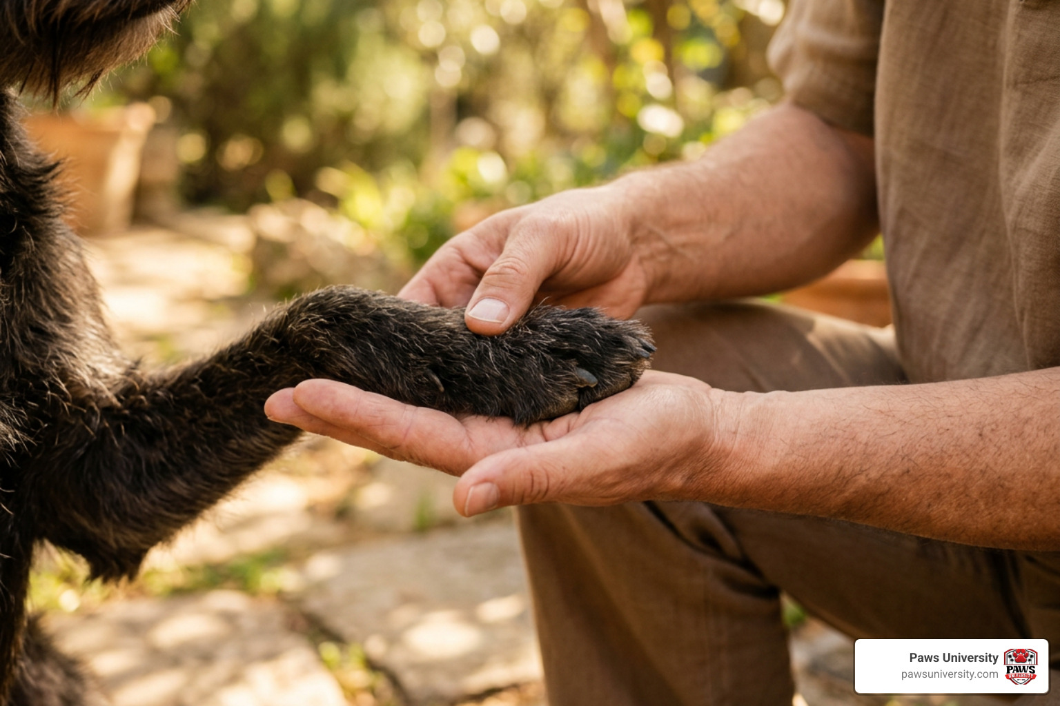 A dog's paw being gently held during a groom in a warm outdoor setting A dog's paw being gently held during a groom in a warm outdoor setting