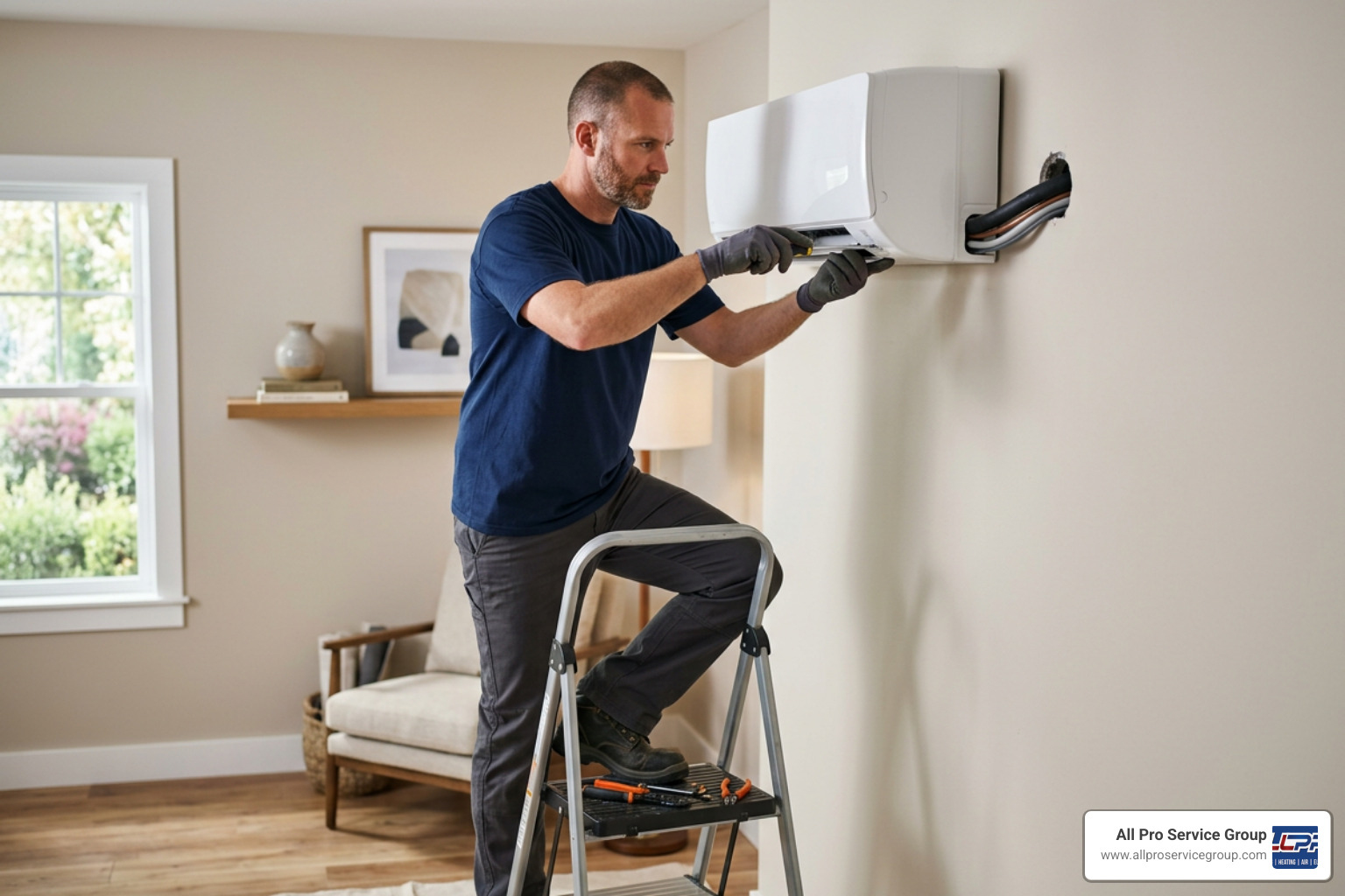 An HVAC technician carefully installing a wall-mounted indoor air handler An HVAC technician carefully installing a wall-mounted indoor air handler
