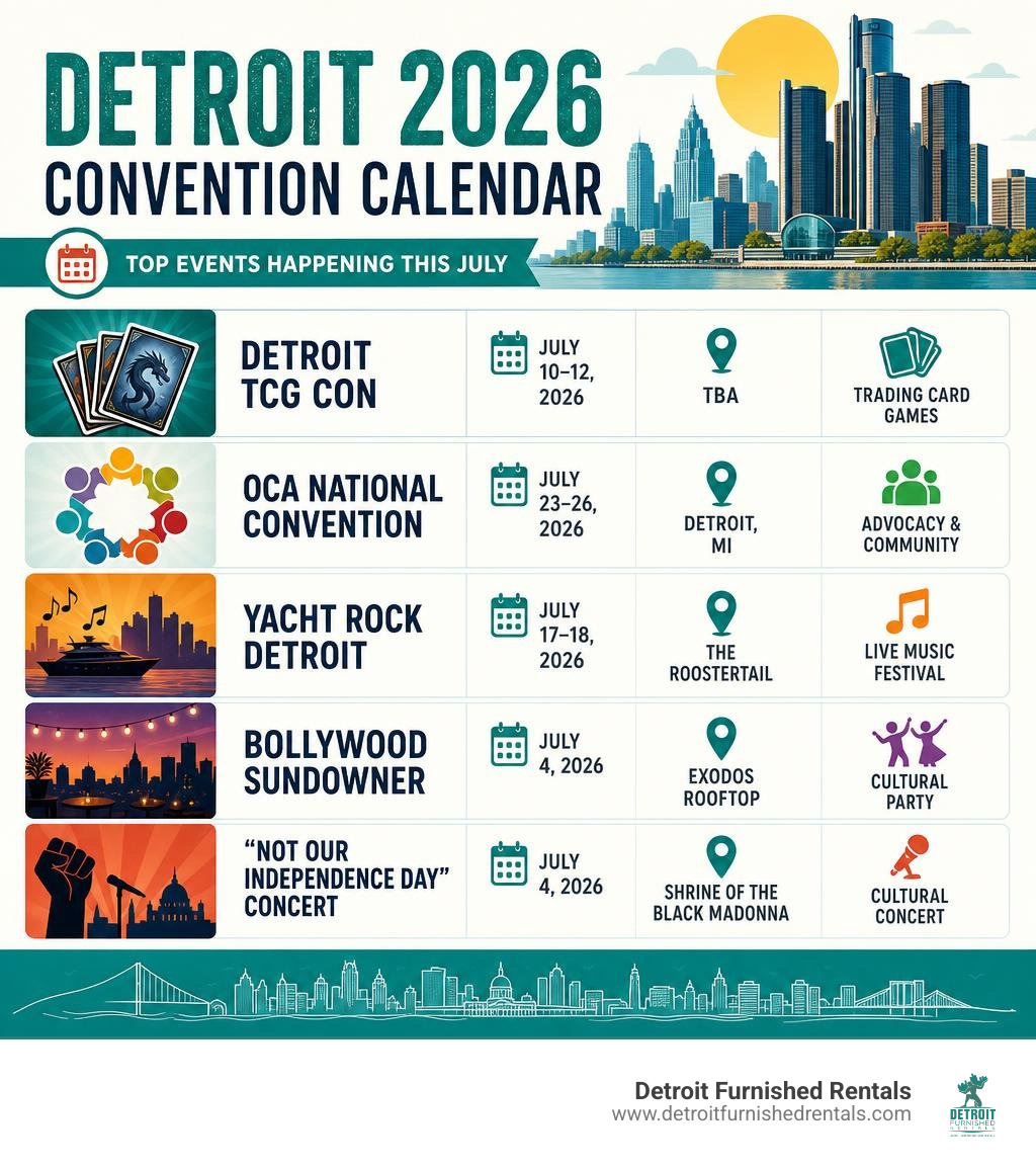 Detroit 2026 convention calendar infographic with event names, dates, venues, and event types infographic