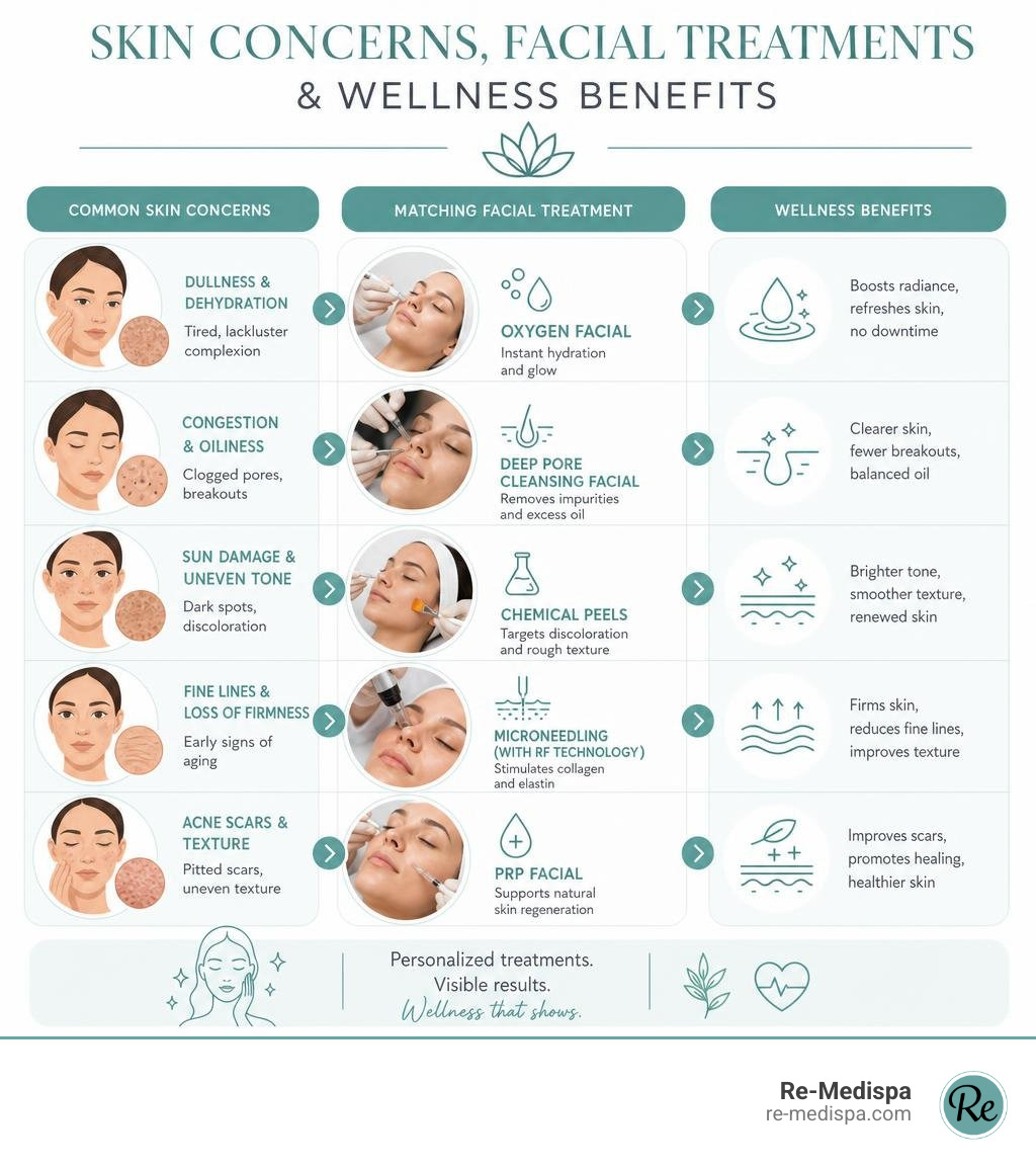 Infographic showing common skin concerns, matching facial treatments, and expected wellness benefits infographic