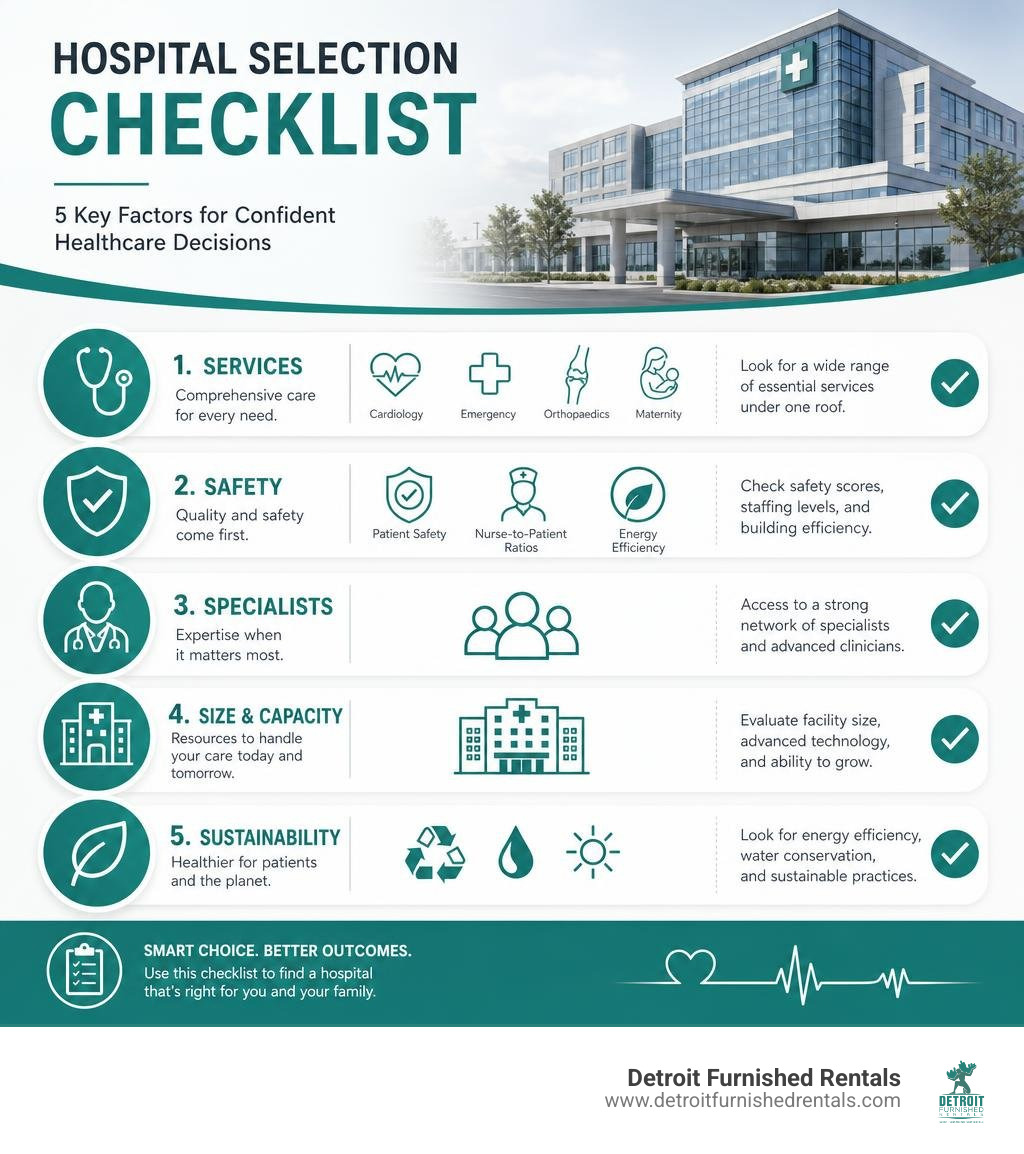 Hospital selection checklist infographic: services, safety, specialists, size, and sustainability ratings infographic Hospital selection checklist infographic: services, safety, specialists, size, and sustainability ratings infographic