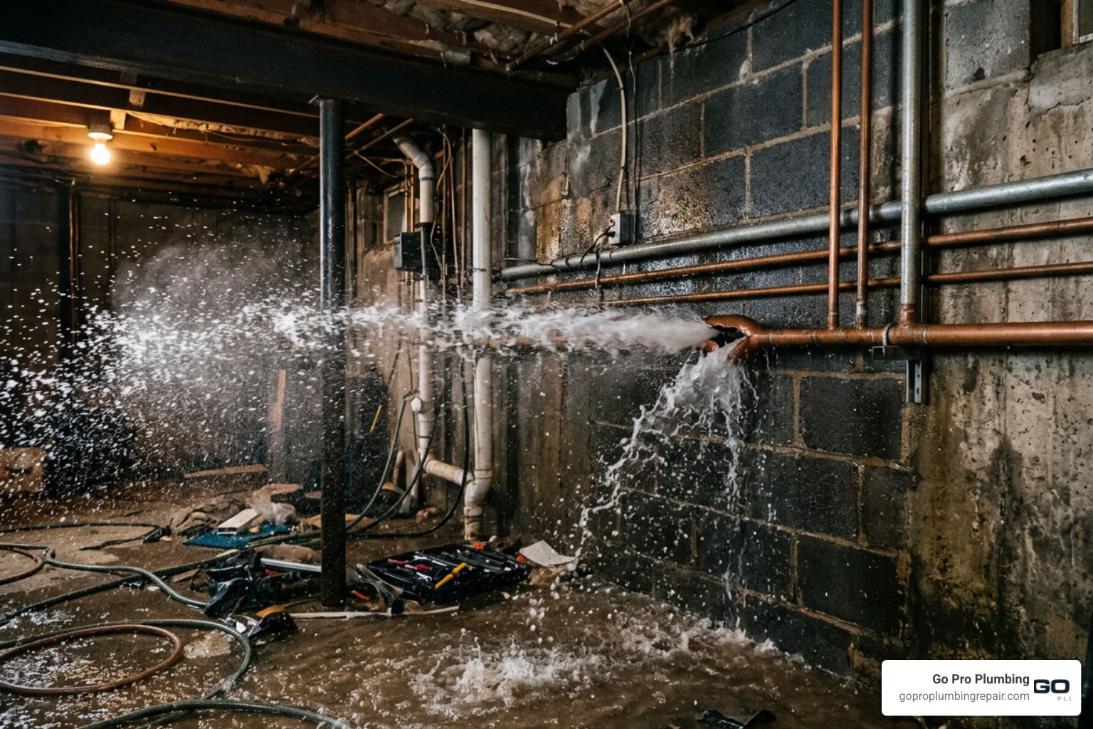 burst pipe spraying water in a basement burst pipe spraying water in a basement
