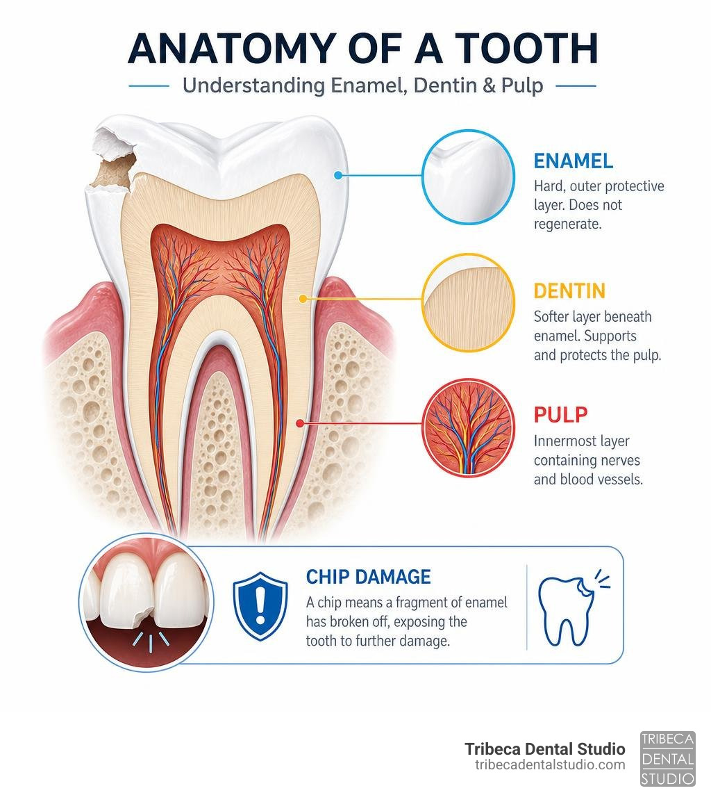 Anatomy of a tooth showing enamel, dentin, and pulp layers with chip damage illustrated infographic