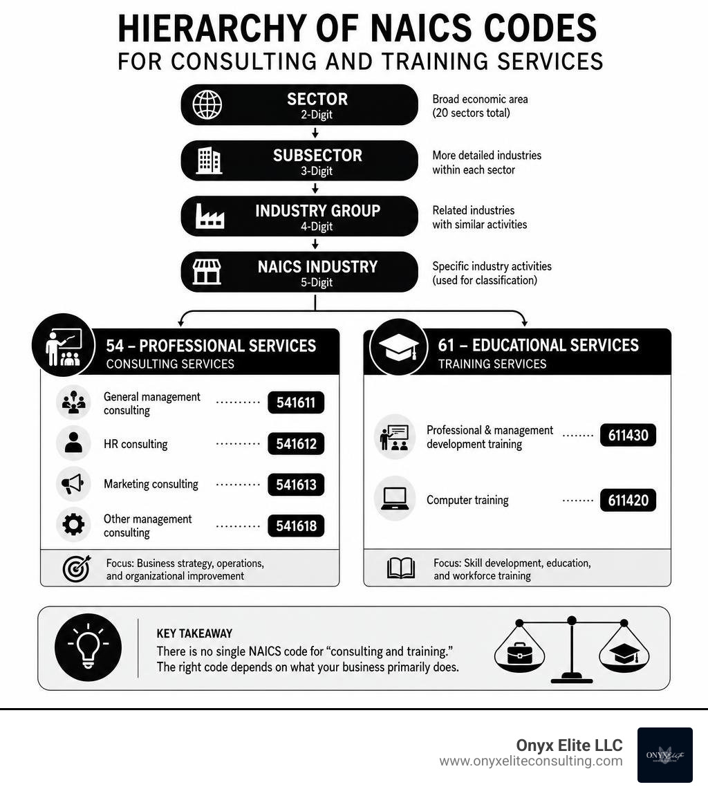 Hierarchy of NAICS codes for consulting and training services with sector breakdowns infographic Hierarchy of NAICS codes for consulting and training services with sector breakdowns infographic