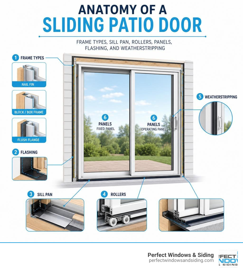 Anatomy of a sliding patio door: frame types, sill pan, rollers, panels, flashing, and weatherstripping infographic