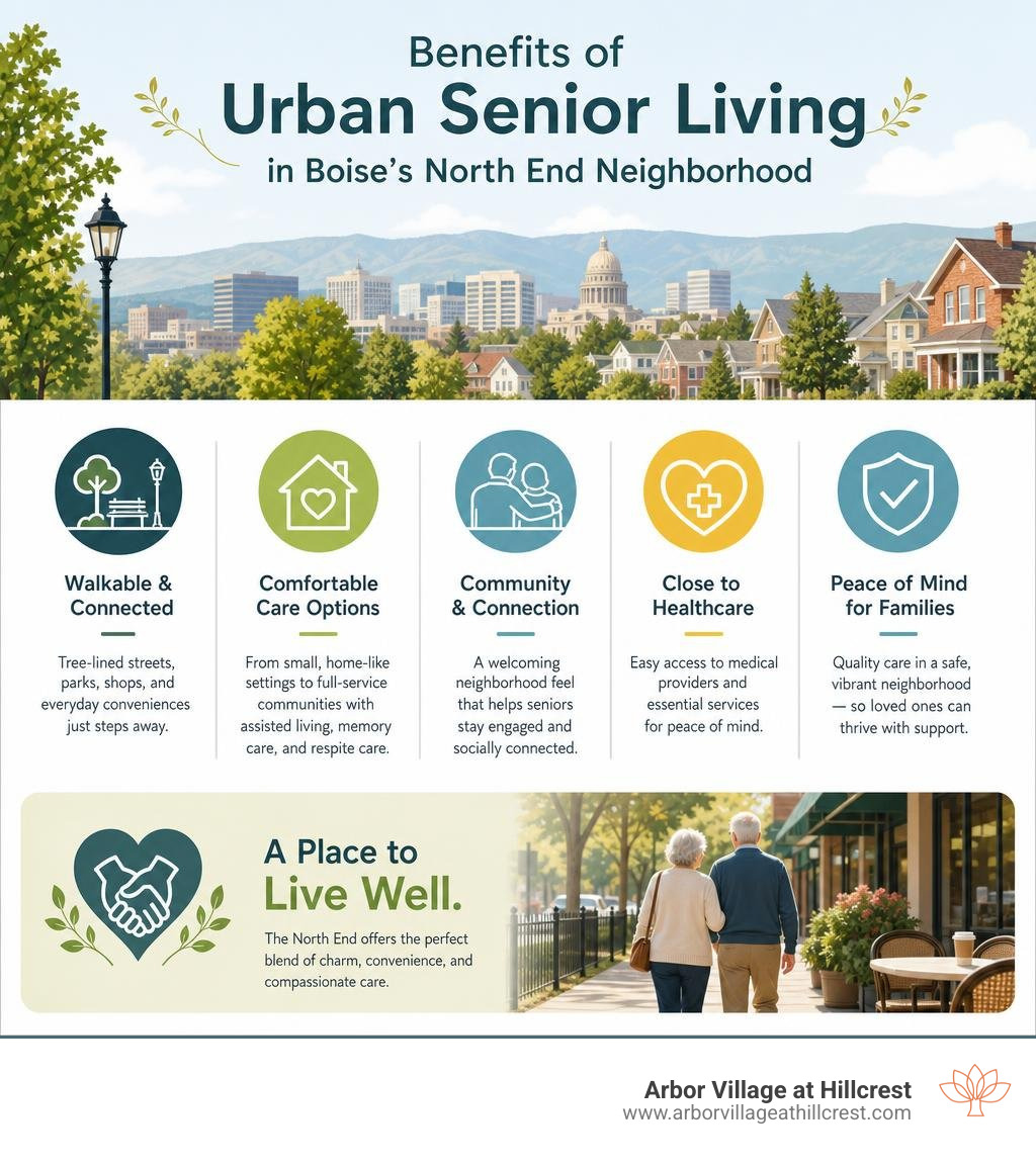 Benefits of urban senior living in Boise's North End neighborhood infographic Benefits of urban senior living in Boise's North End neighborhood infographic