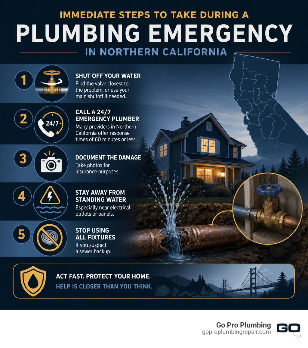 Immediate steps to take during a plumbing emergency in Northern California infographic Immediate steps to take during a plumbing emergency in Northern California infographic