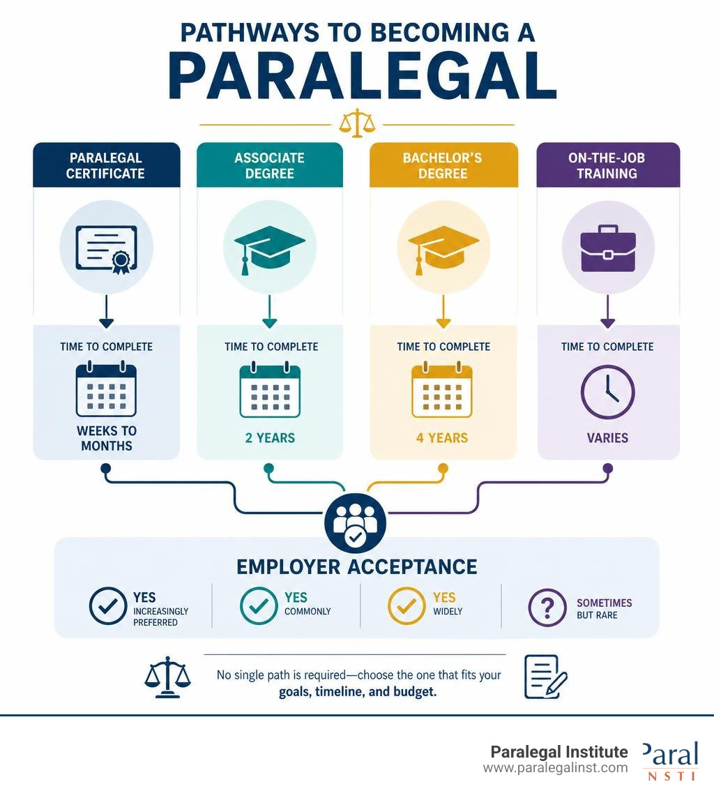 Infographic showing pathways to becoming a paralegal: certificate, associate degree, bachelor's degree, and on-the-job Infographic showing pathways to becoming a paralegal: certificate, associate degree, bachelor's degree, and on-the-job