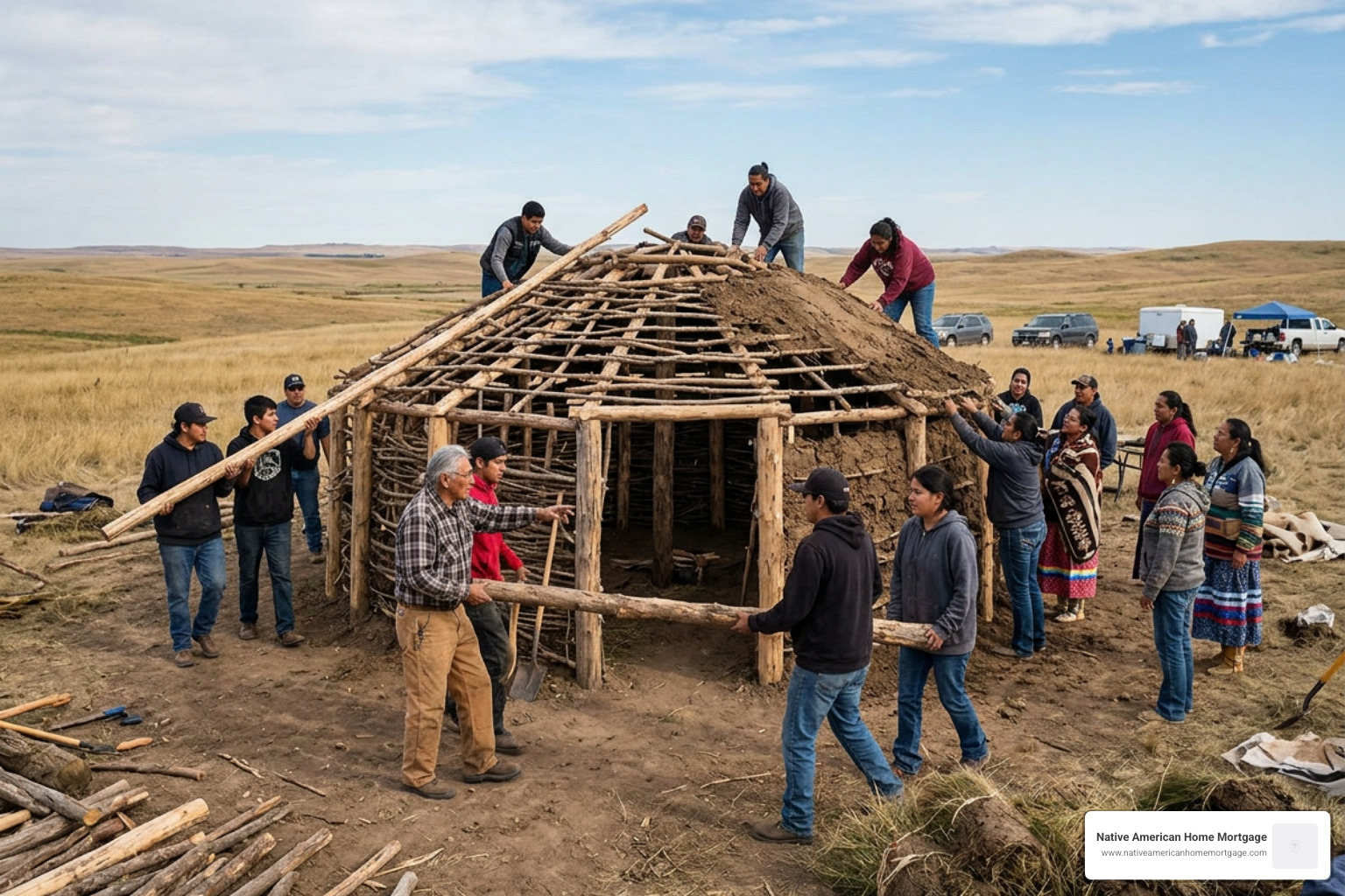 Community building a traditional earth lodge together