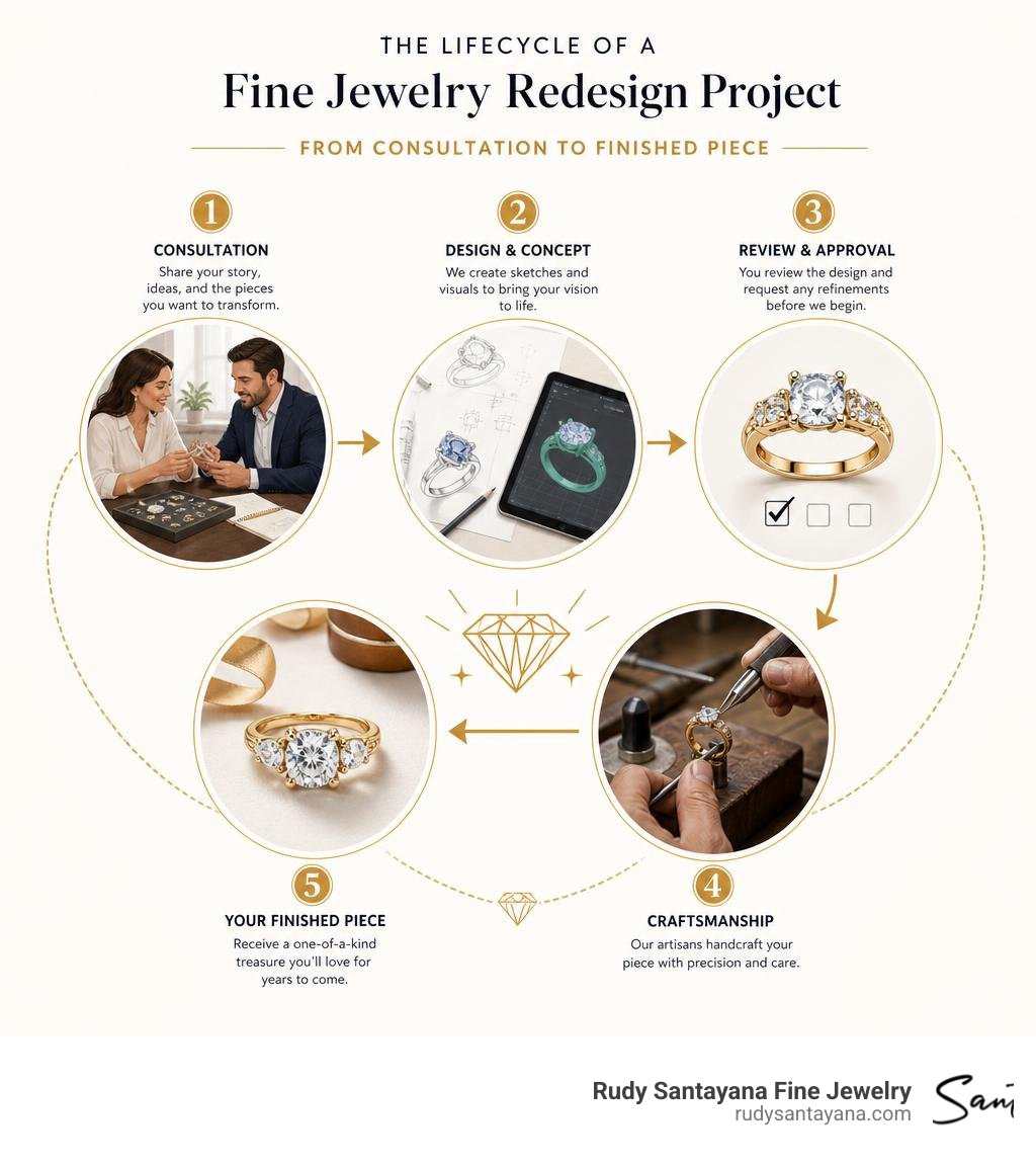 Lifecycle of a fine jewelry redesign project from consultation to finished piece infographic Lifecycle of a fine jewelry redesign project from consultation to finished piece infographic