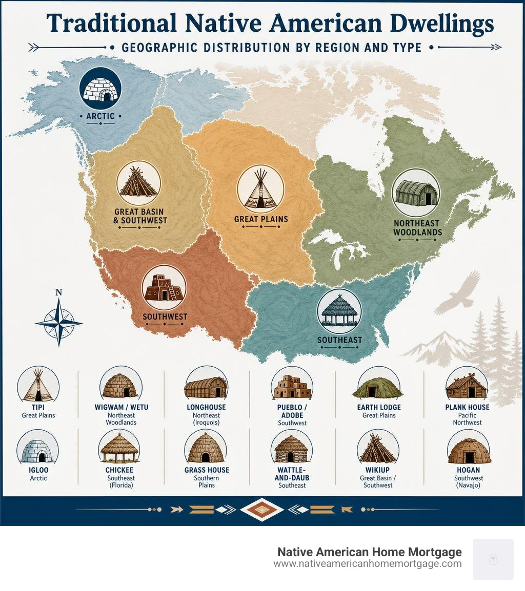 Geographic distribution of traditional Native American dwellings by region and type infographic