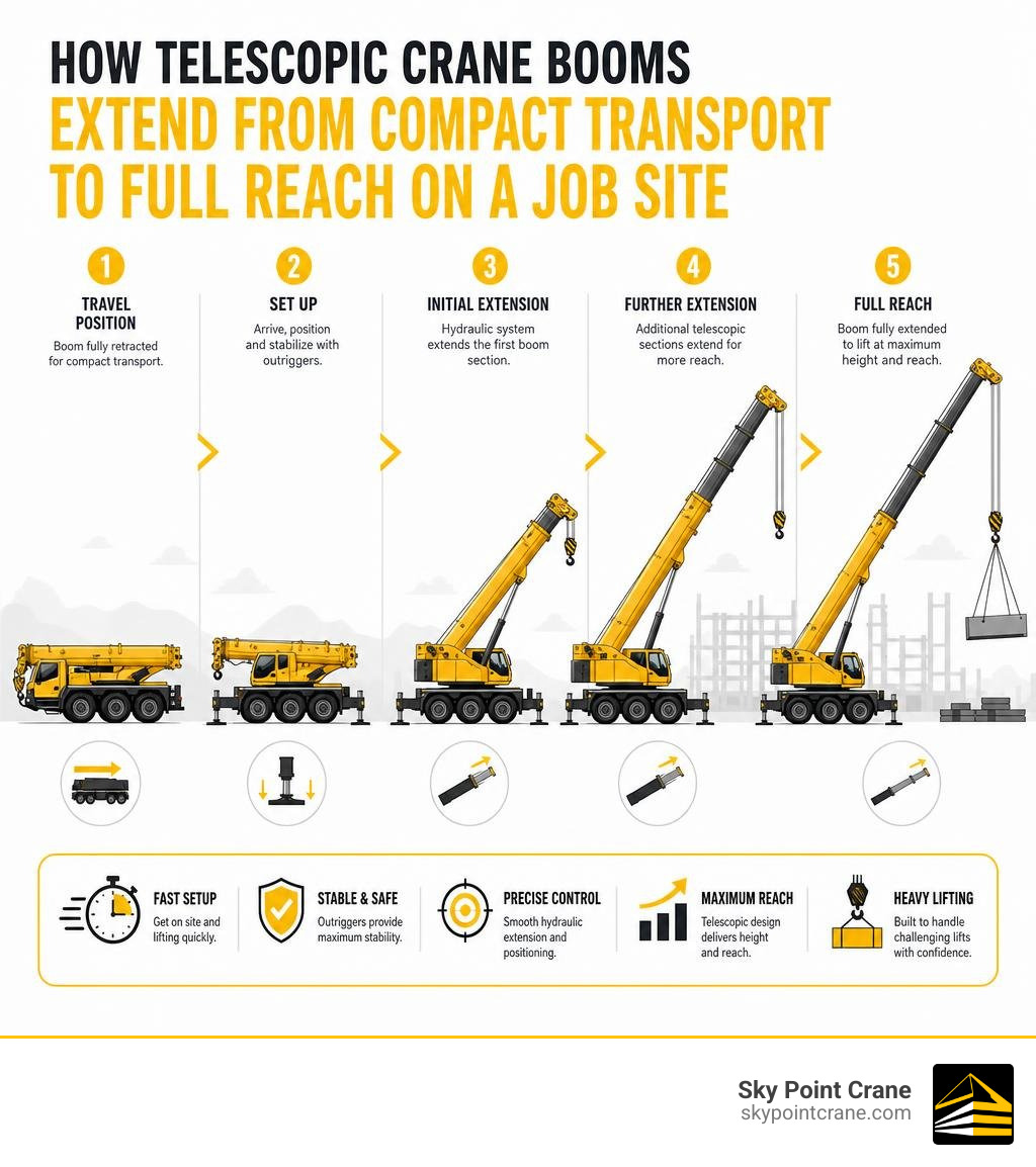 How telescopic crane booms extend from compact transport to full reach on a job site infographic