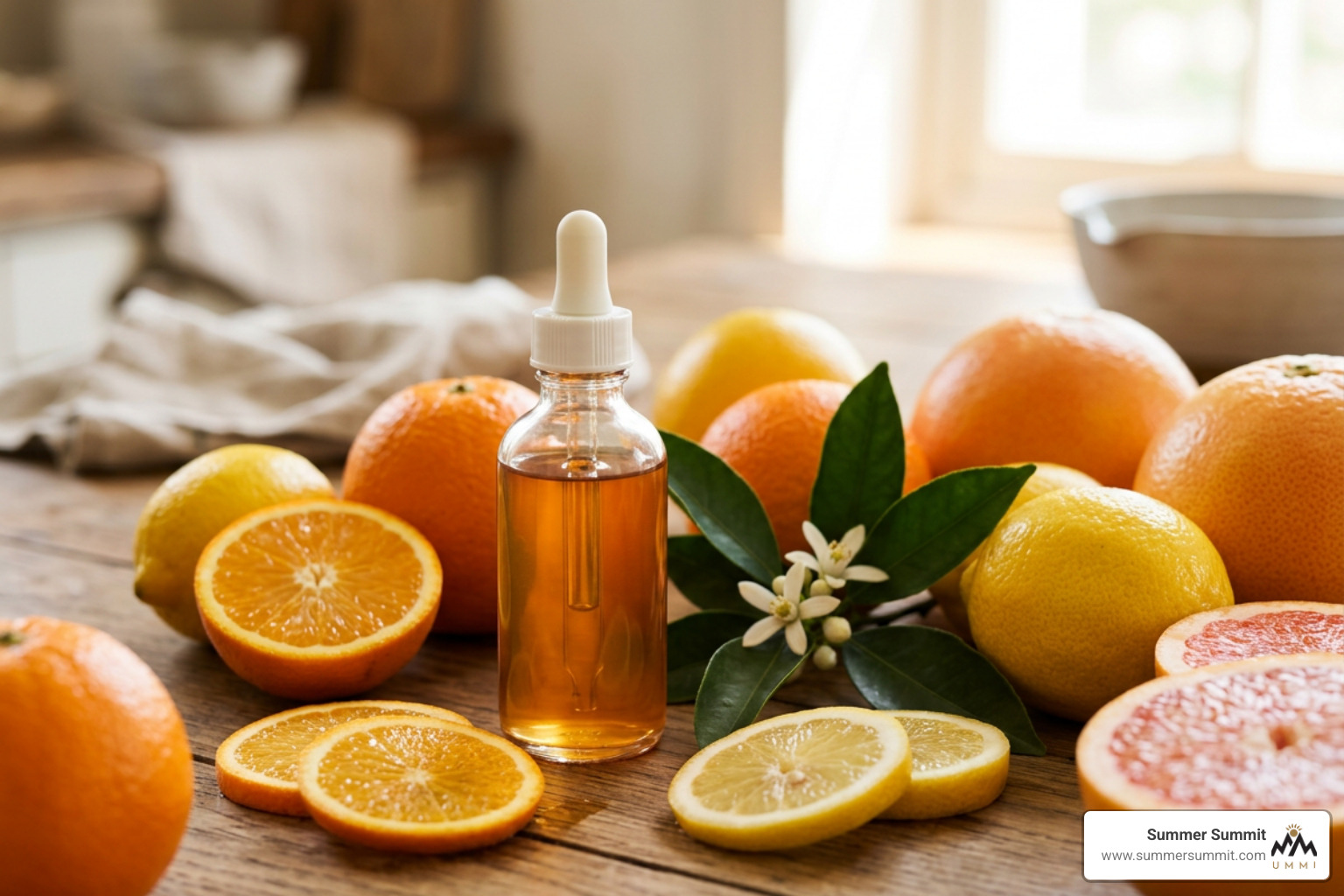Vitamin C serum bottle surrounded by fresh citrus fruits Vitamin C serum bottle surrounded by fresh citrus fruits