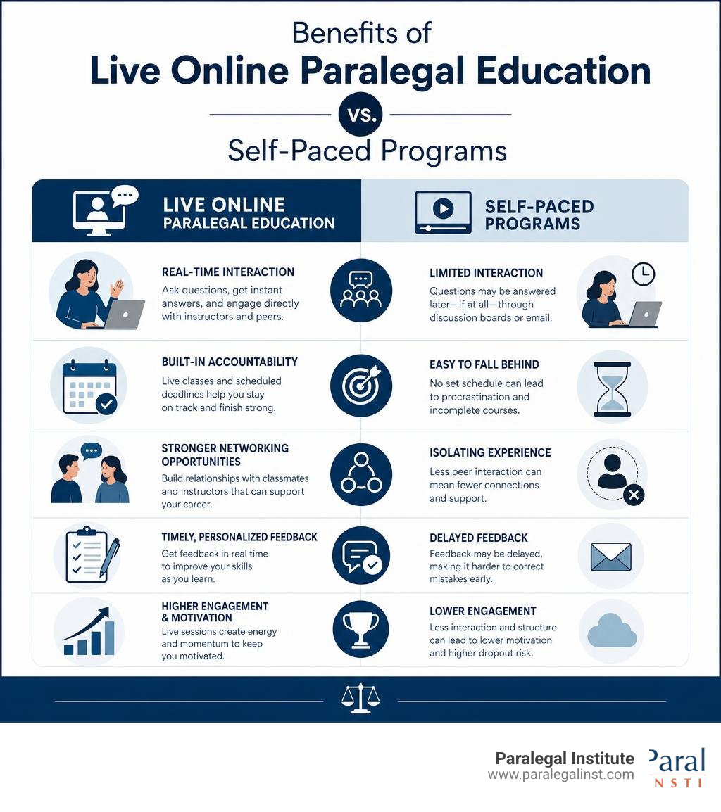 Benefits of live online paralegal education vs self-paced programs infographic Benefits of live online paralegal education vs self-paced programs infographic
