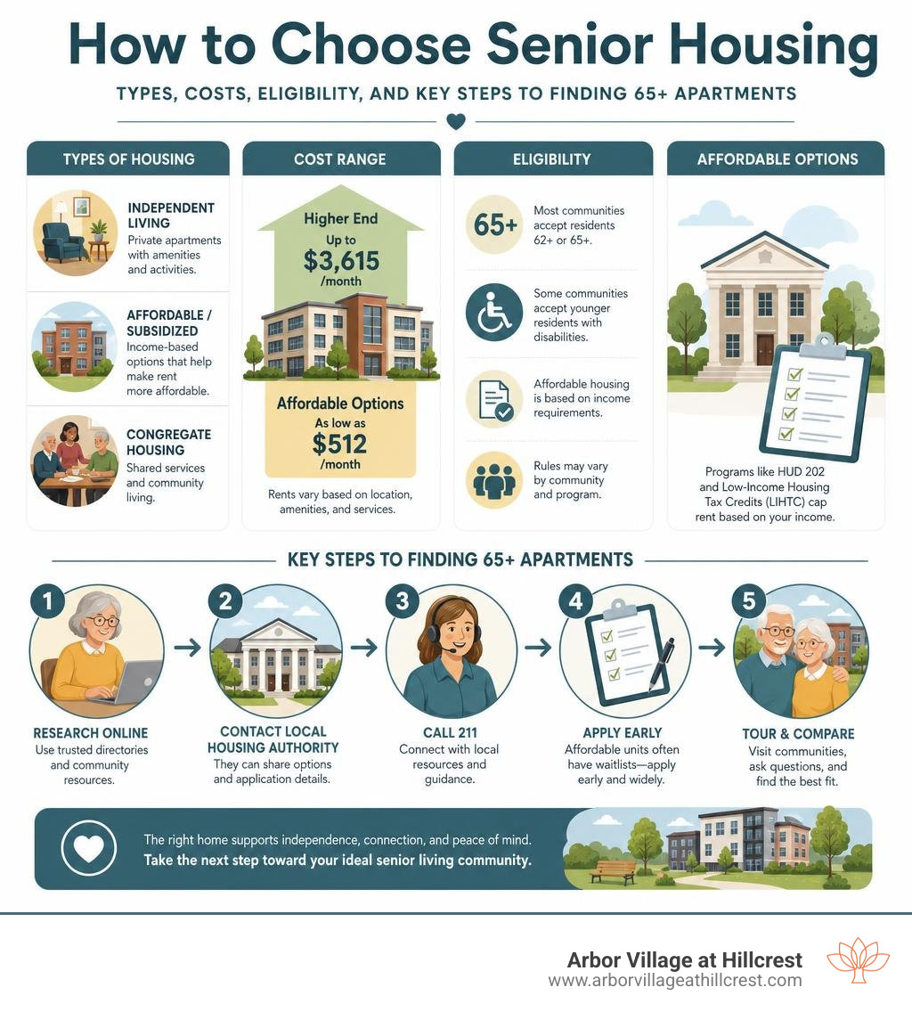 How to choose senior housing: types, costs, eligibility, and key steps to finding 65+ apartments infographic How to choose senior housing: types, costs, eligibility, and key steps to finding 65+ apartments infographic