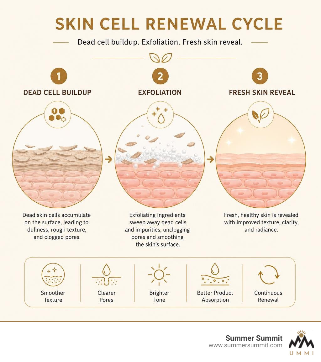 Skin cell renewal cycle infographic showing dead cell buildup, exfoliation, and fresh skin reveal infographic Skin cell renewal cycle infographic showing dead cell buildup, exfoliation, and fresh skin reveal infographic