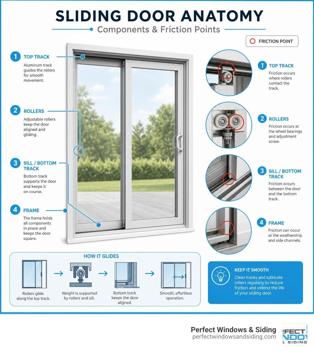 Sliding door anatomy showing track, rollers, sill, and frame components with friction points labeled infographic Sliding door anatomy showing track, rollers, sill, and frame components with friction points labeled infographic
