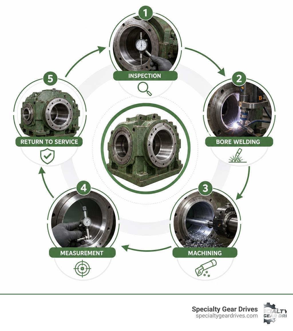 Line boring rebuild lifecycle: inspection, bore welding, machining, measurement, return to service infographic Line boring rebuild lifecycle: inspection, bore welding, machining, measurement, return to service infographic