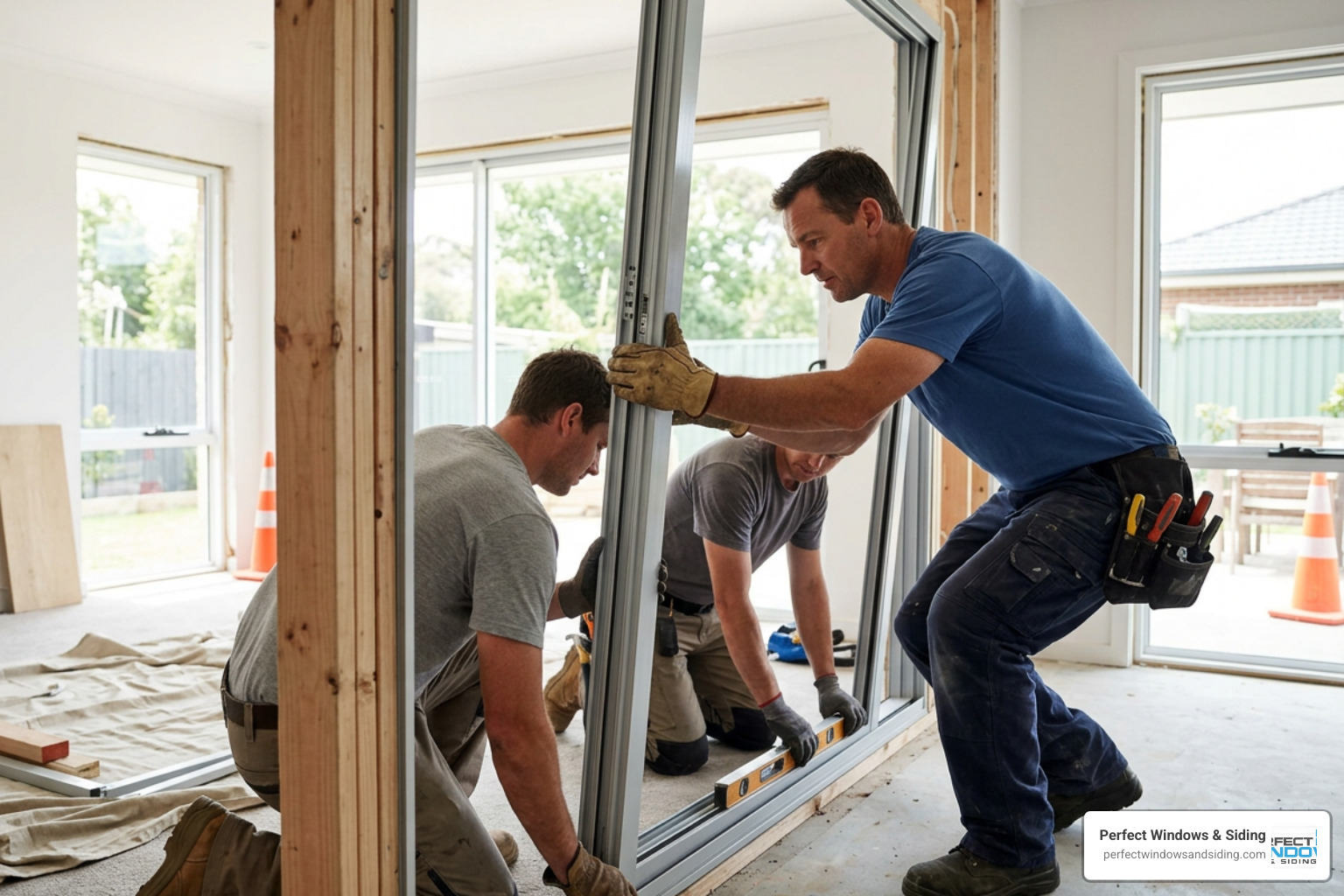 setting a sliding door frame into place