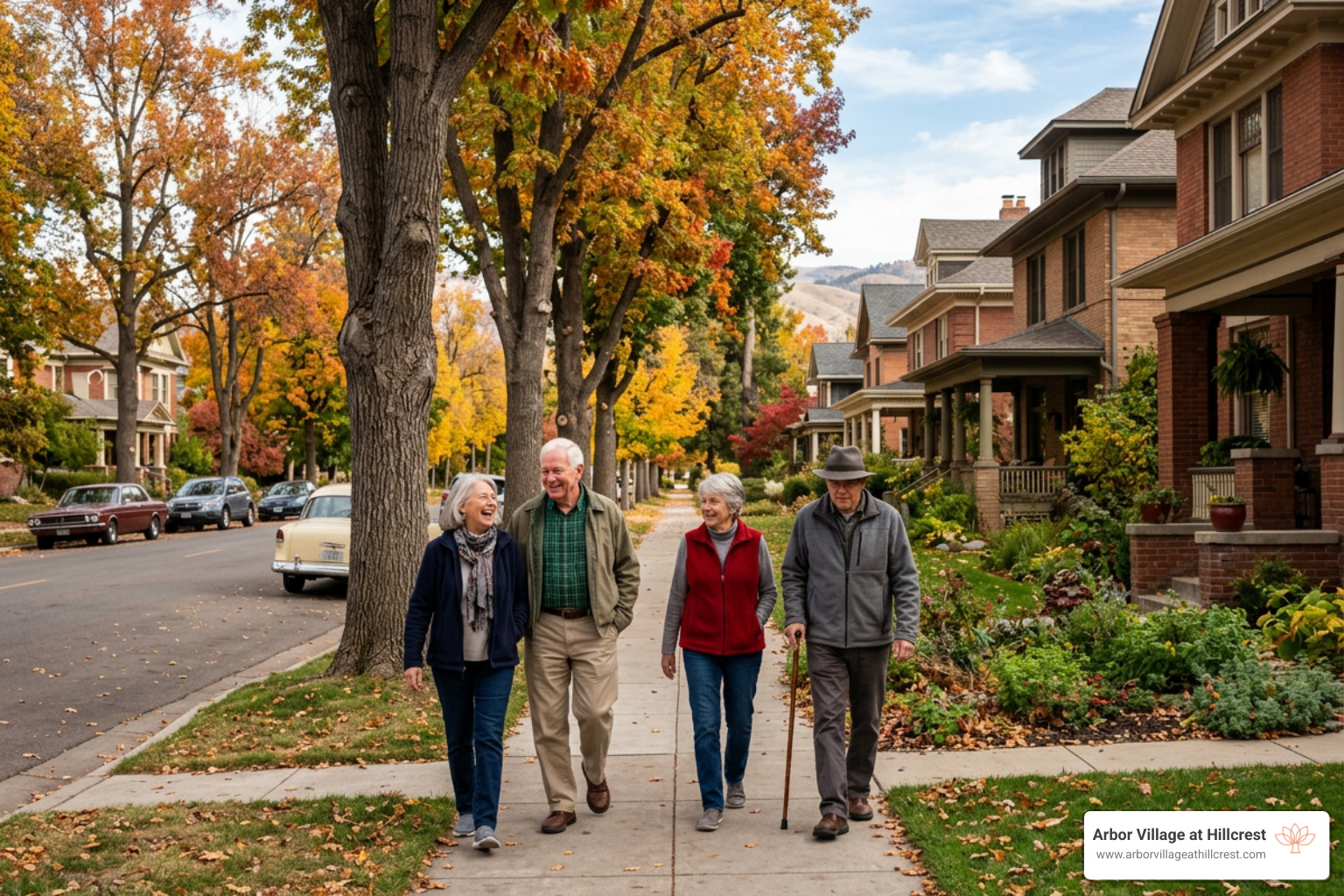 Seniors walking in a historic Boise neighborhood Seniors walking in a historic Boise neighborhood