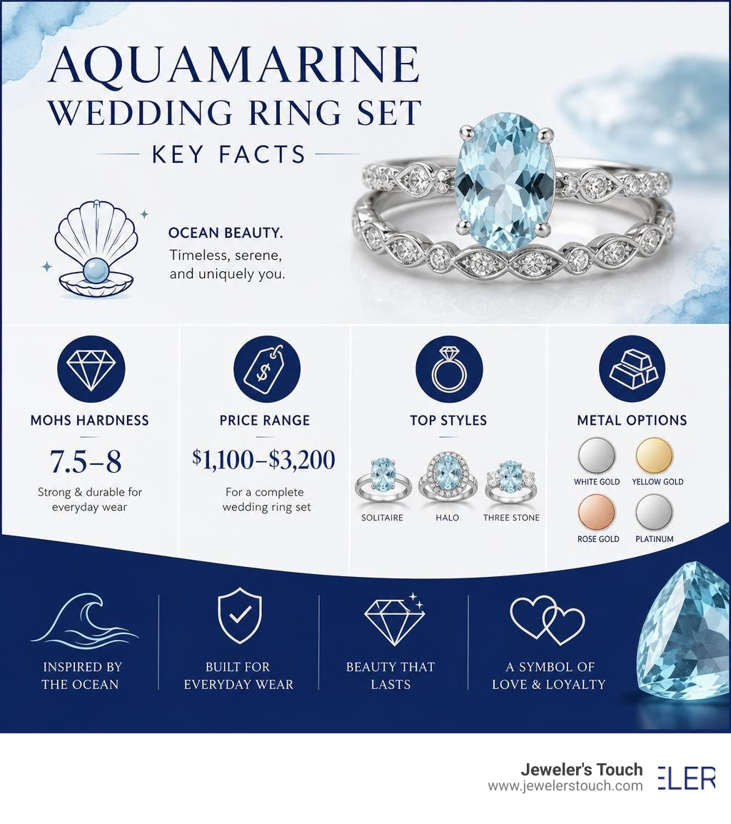 Infographic showing aquamarine wedding ring set key facts: Mohs hardness 7.5-8, price range $1100-$3200, top styles, and Infographic showing aquamarine wedding ring set key facts: Mohs hardness 7.5-8, price range $1100-$3200, top styles, and