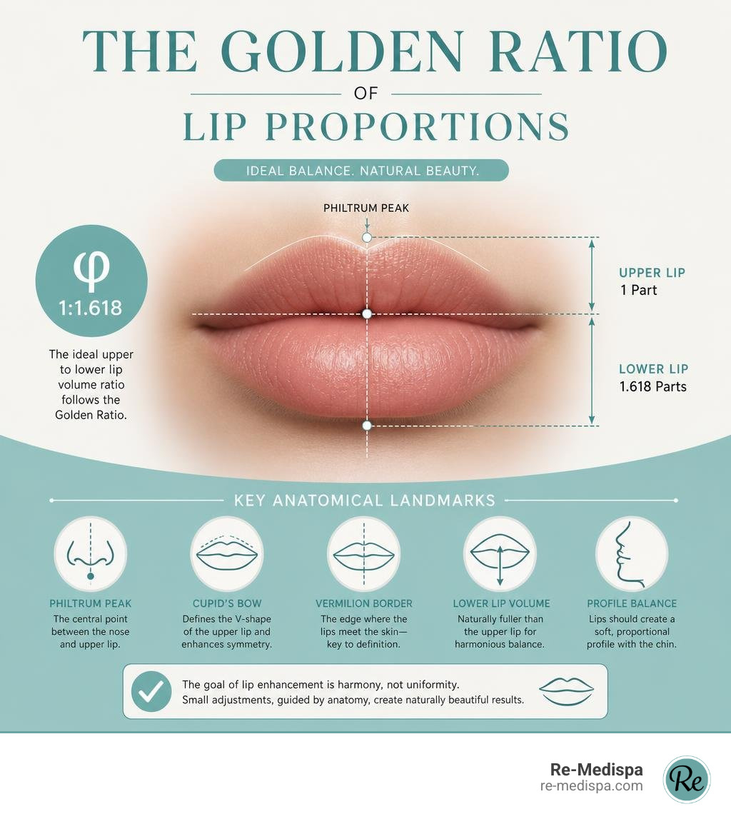 Golden ratio of lip proportions infographic showing ideal upper to lower lip volume ratio and key anatomical landmarks