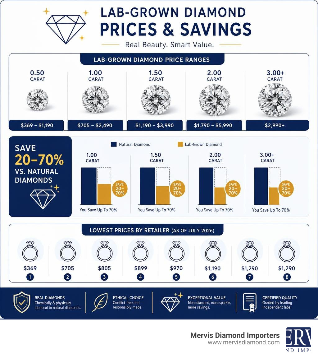 Infographic showing lab-grown diamond price ranges, savings vs natural diamonds, and top retailer starting prices infographic