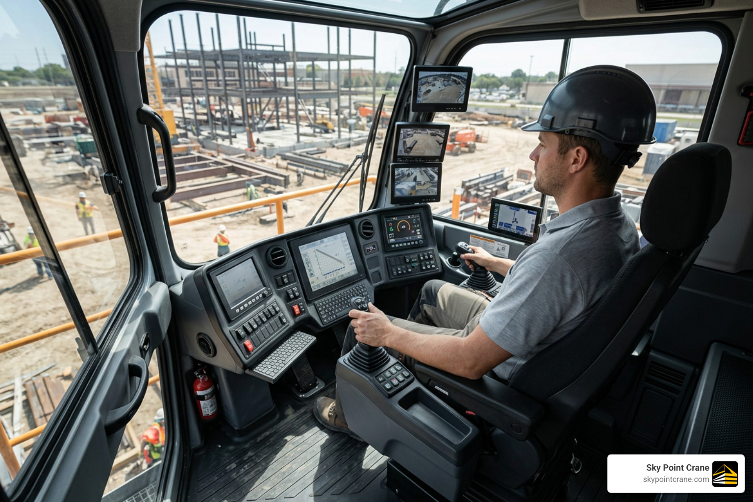 modern crane control cabin with advanced safety systems and monitors