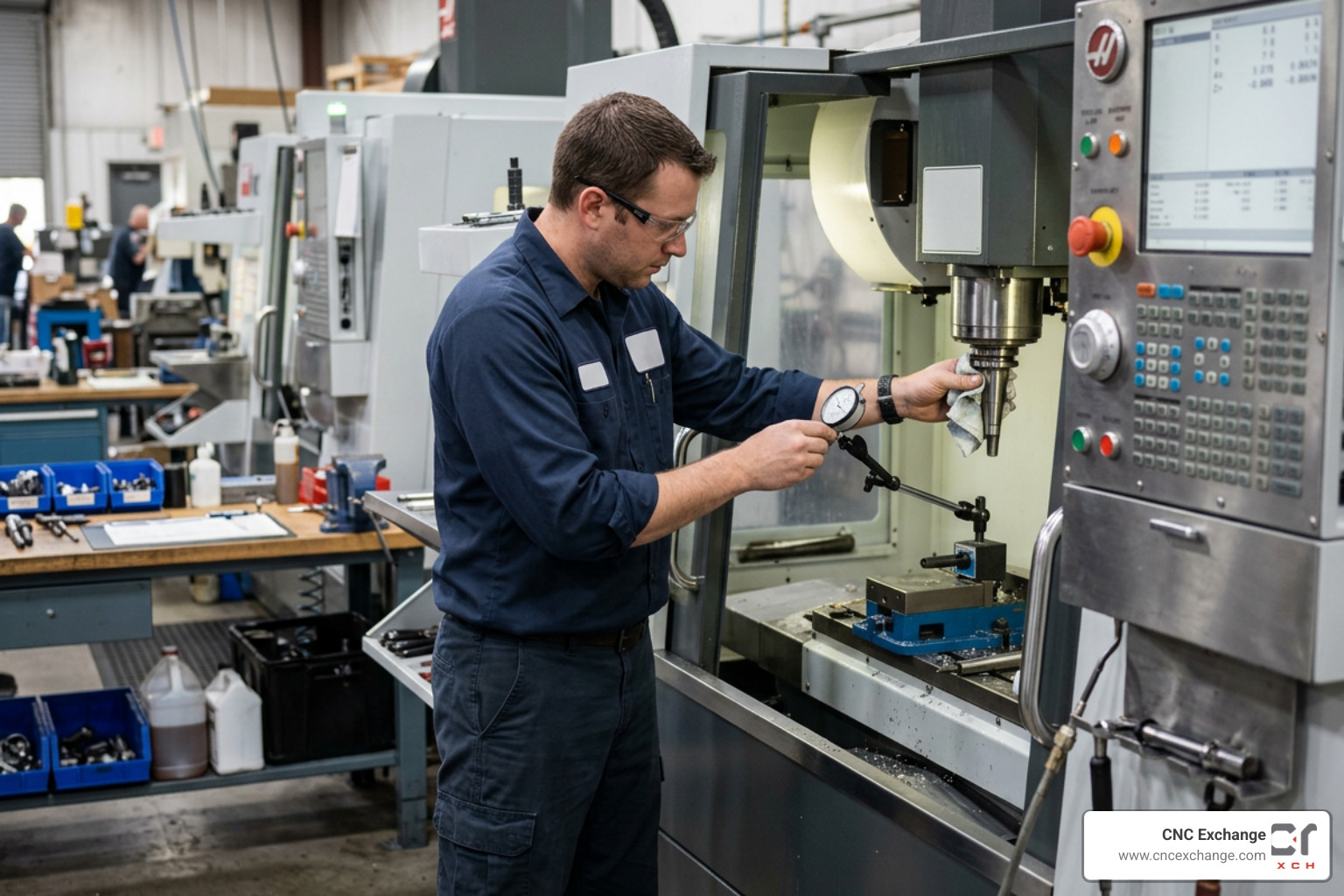 technician performing a spindle runout test on a CNC machine
