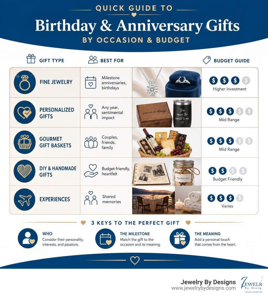 Quick guide to birthday and anniversary gift ideas by occasion and budget infographic