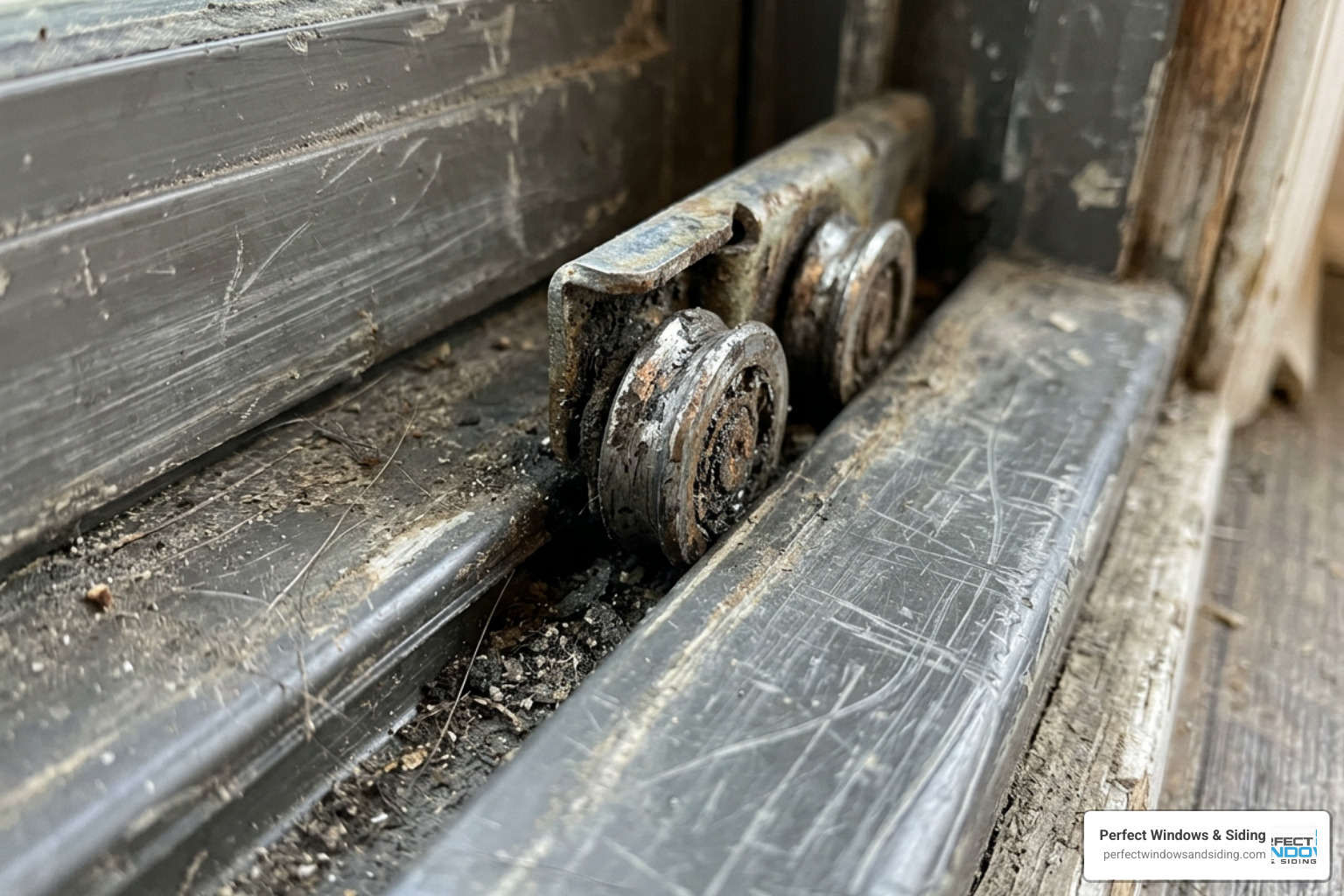 Worn sliding door rollers sitting next to a scratched vinyl patio door track Worn sliding door rollers sitting next to a scratched vinyl patio door track