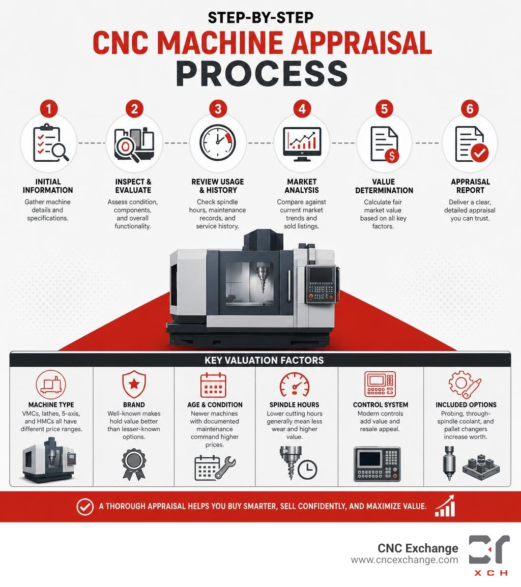 Step-by-step CNC machine appraisal process infographic showing key valuation factors infographic