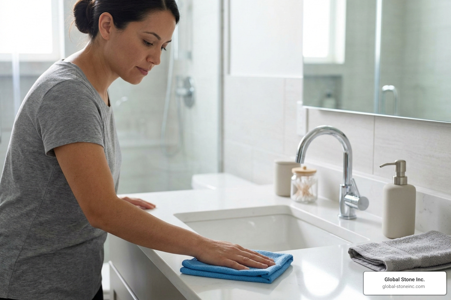 Wiping down a clean bathroom countertop with a microfiber cloth Wiping down a clean bathroom countertop with a microfiber cloth