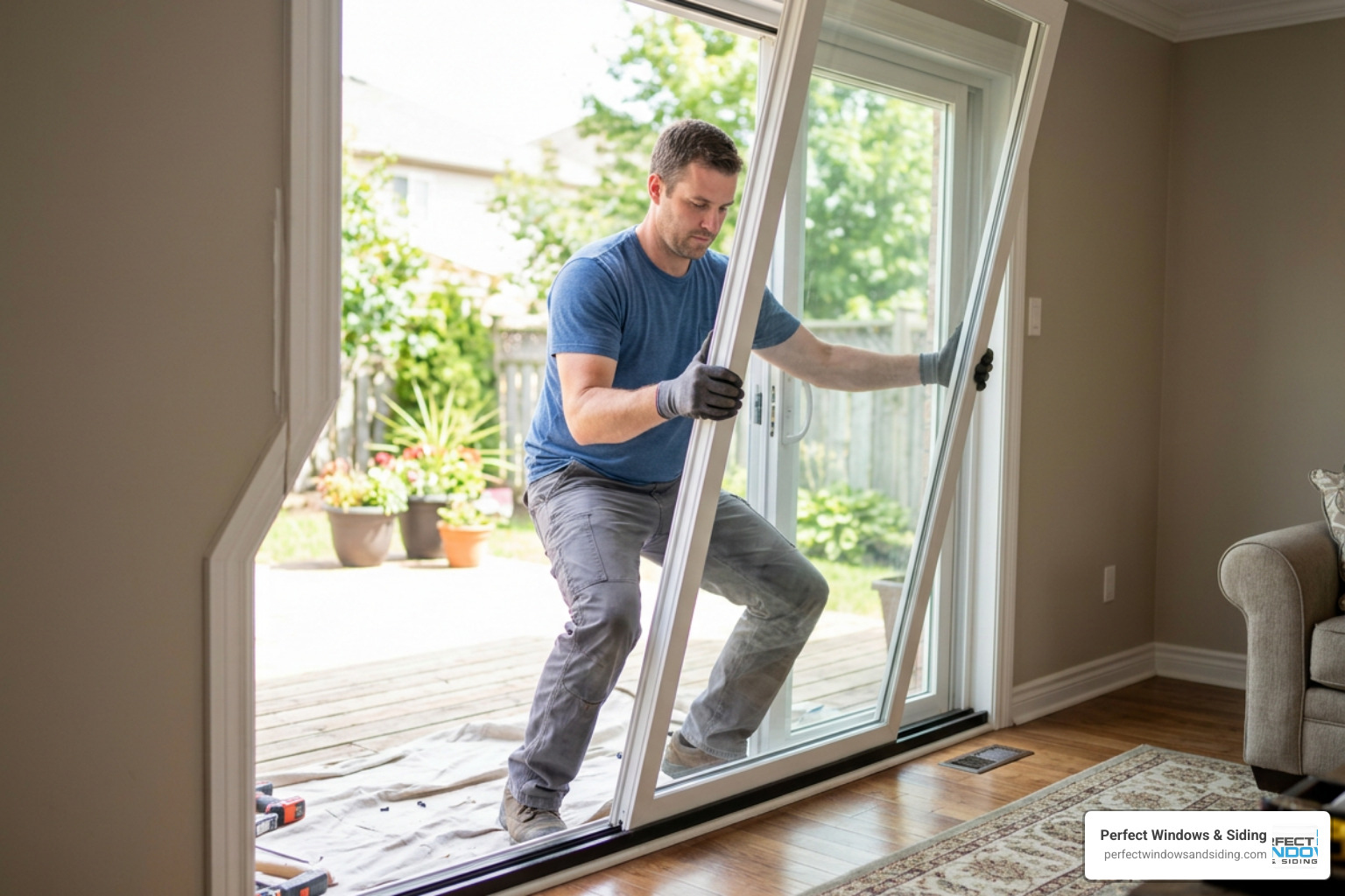 Homeowner safely lifting a sliding glass door panel out of its frame Homeowner safely lifting a sliding glass door panel out of its frame