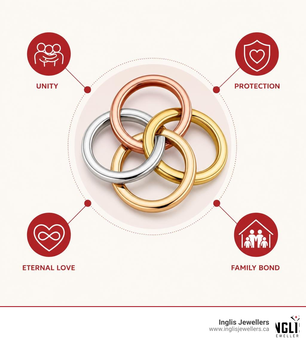 Infographic showing 4 interlocking rings with labels: unity, protection, eternal love, family bond infographic Infographic showing 4 interlocking rings with labels: unity, protection, eternal love, family bond infographic