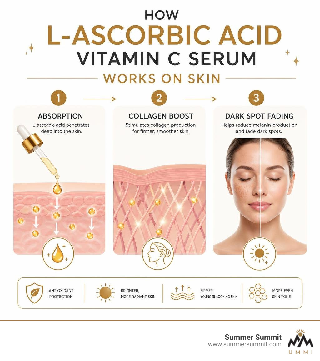 Infographic showing how L-ascorbic acid vitamin C serum works on skin: absorption, collagen boost, and dark spot fading Infographic showing how L-ascorbic acid vitamin C serum works on skin: absorption, collagen boost, and dark spot fading