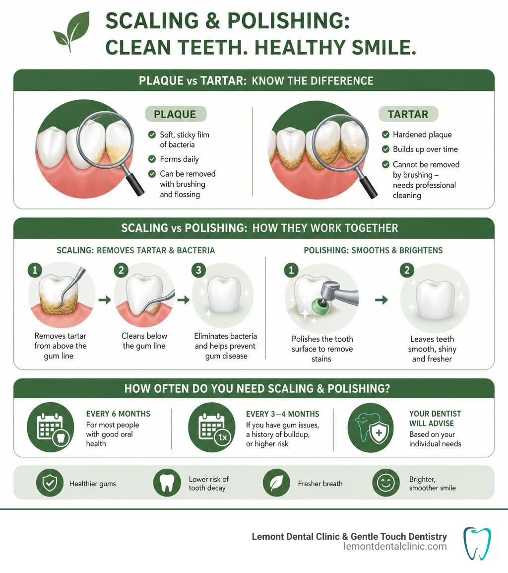 Infographic showing difference between plaque and tartar, scaling vs polishing steps, and frequency recommendations