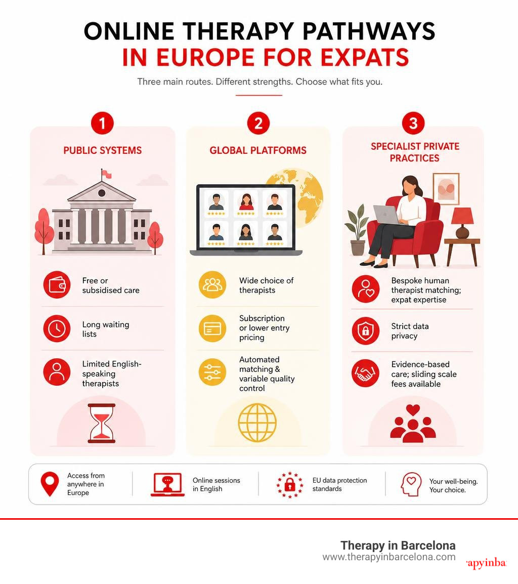 Infographic comparing online therapy pathways in Europe for expats: public systems, global platforms, and specialist private