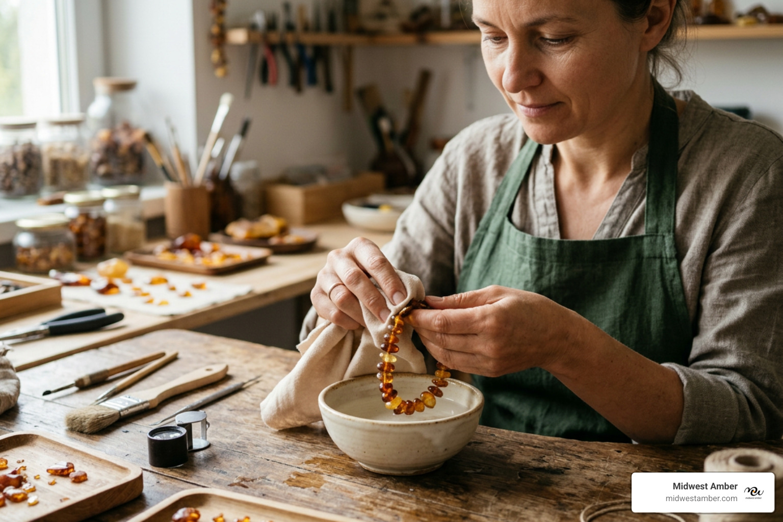 An artisan gently cleaning an amber bracelet with a soft cloth and lukewarm water