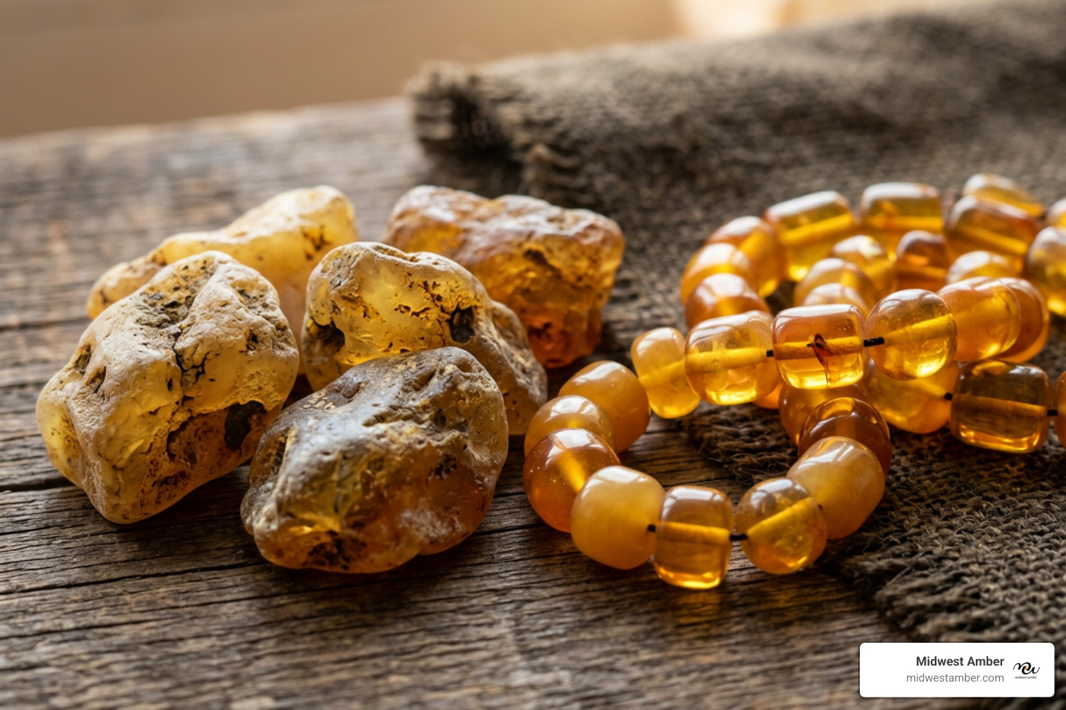 Natural Baltic amber beads showing raw and polished textures