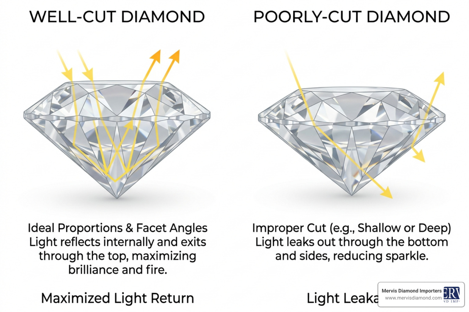 diagram comparing a well-cut diamond and a poorly-cut diamond showing light leakage