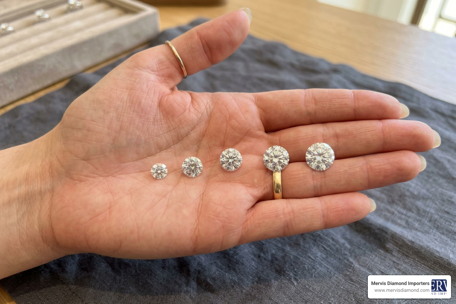 different carat weight diamonds shown on a hand to compare visual size