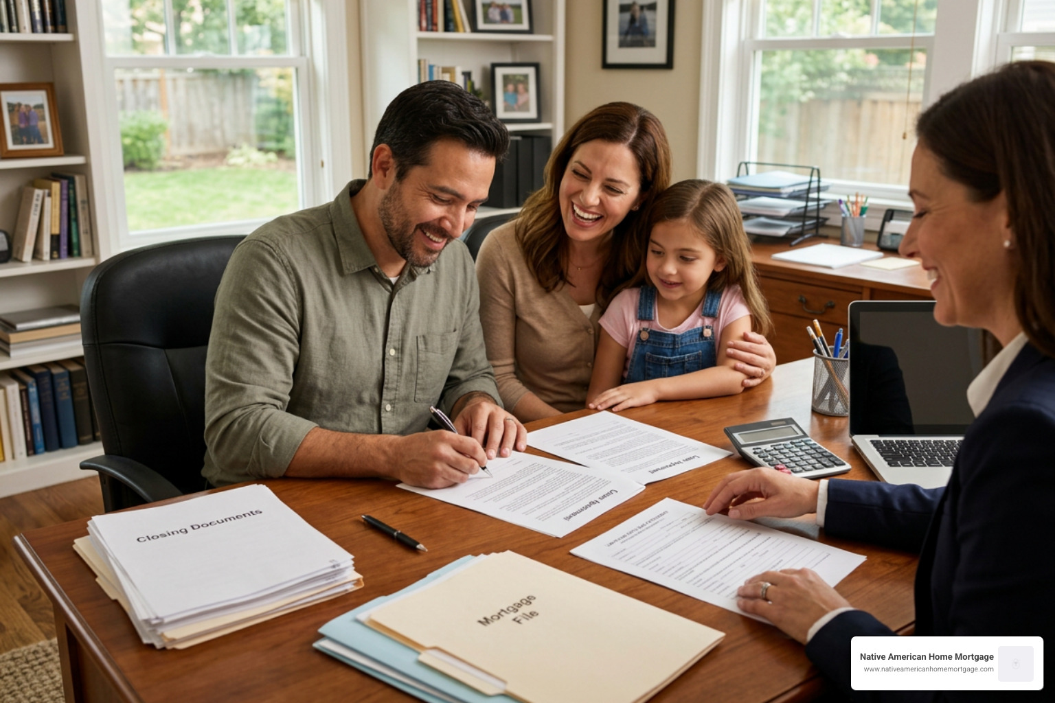 A happy family discussing loan limits and signing files during a closing meeting