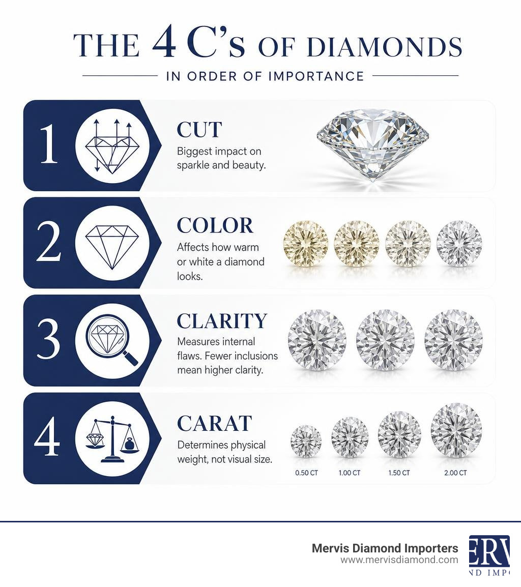 Infographic showing the 4 C's of diamonds in order of importance: Cut, Color, Clarity, Carat infographic