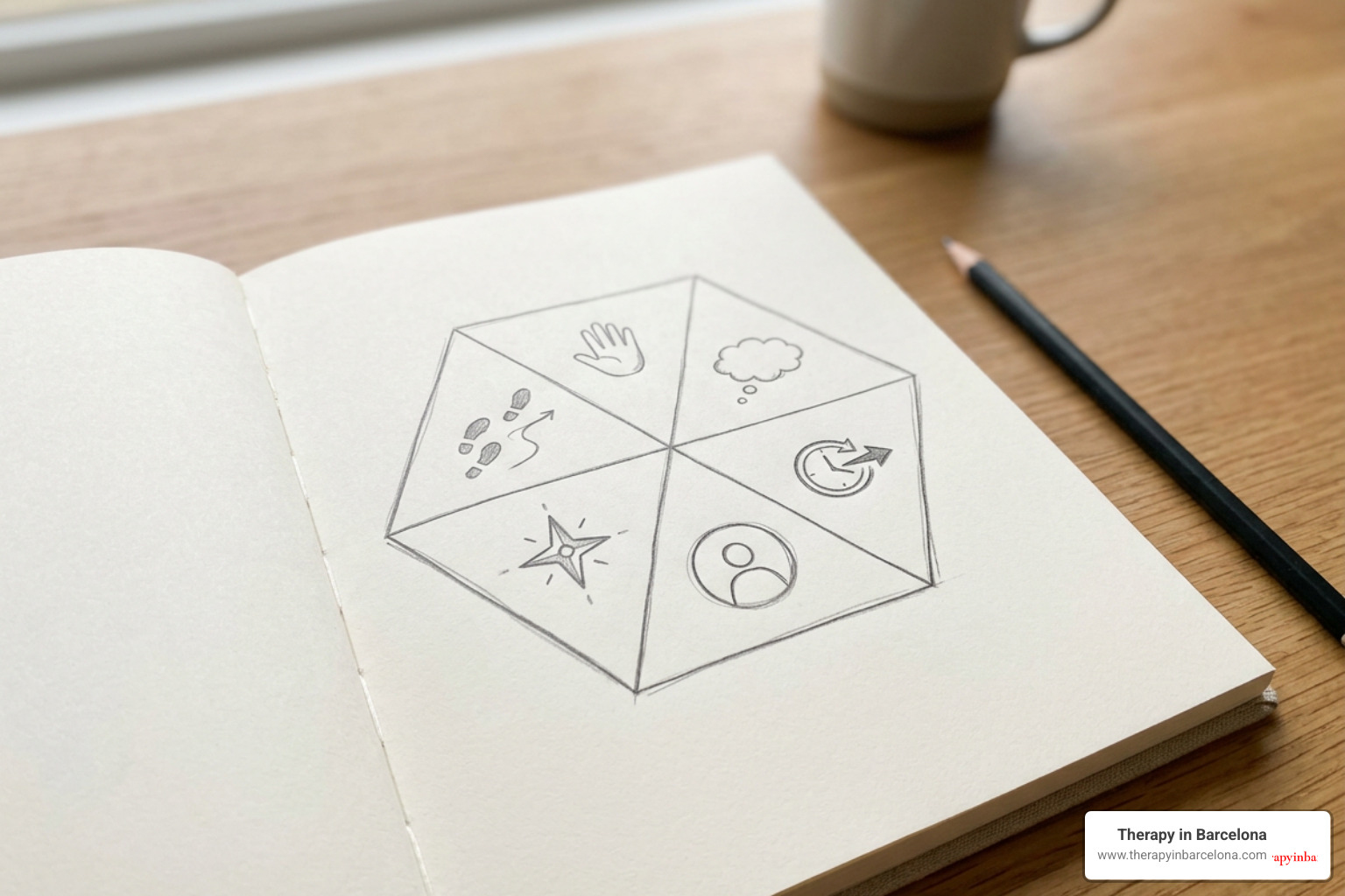 The ACT Hexaflex diagram showing the six core processes: Acceptance, Defusion, Present Moment, Self-as-Context, Values, and The ACT Hexaflex diagram showing the six core processes: Acceptance, Defusion, Present Moment, Self-as-Context, Values, and