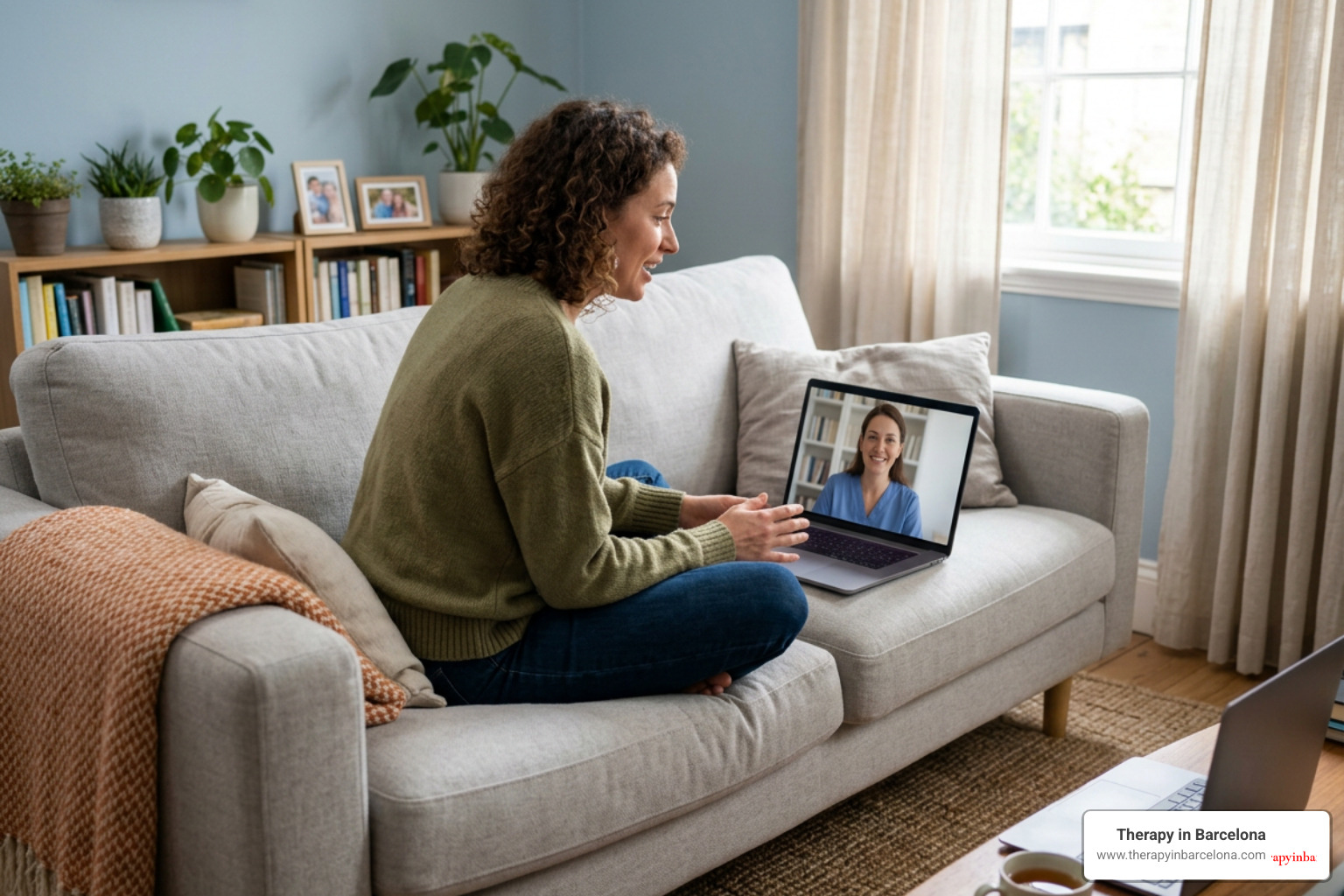 An expat sitting comfortably on a couch, talking to an online therapist on a laptop screen An expat sitting comfortably on a couch, talking to an online therapist on a laptop screen