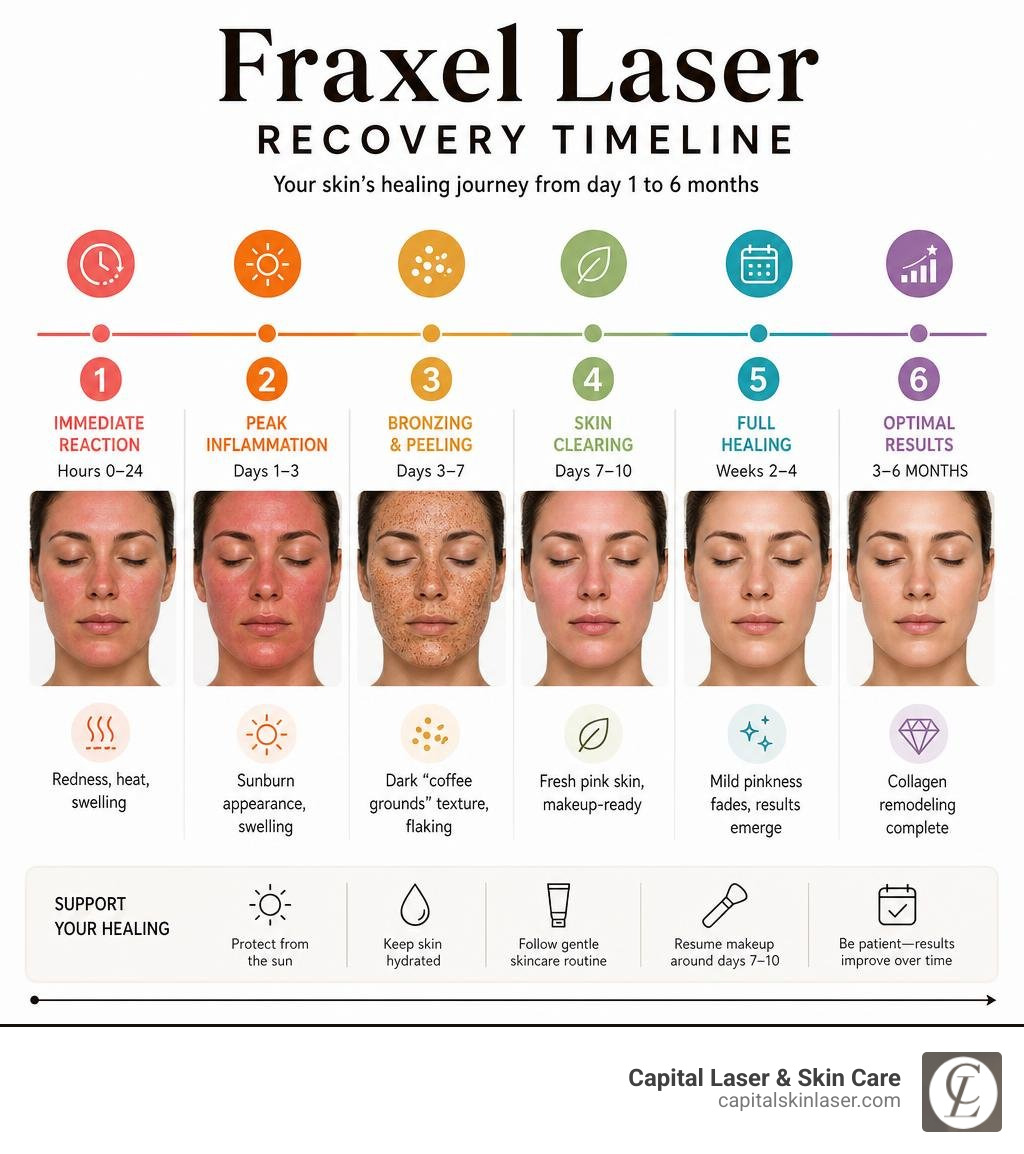 Fraxel laser recovery timeline infographic showing phases from day 1 to 6 months infographic Fraxel laser recovery timeline infographic showing phases from day 1 to 6 months infographic