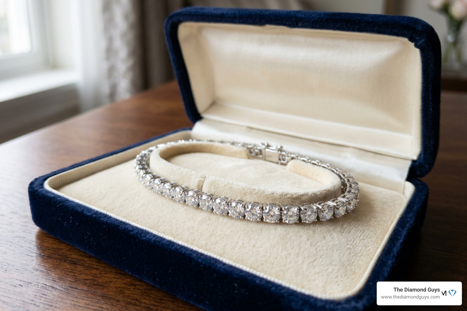 A beautiful diamond tennis bracelet sparkling in a luxury jewelry box A beautiful diamond tennis bracelet sparkling in a luxury jewelry box